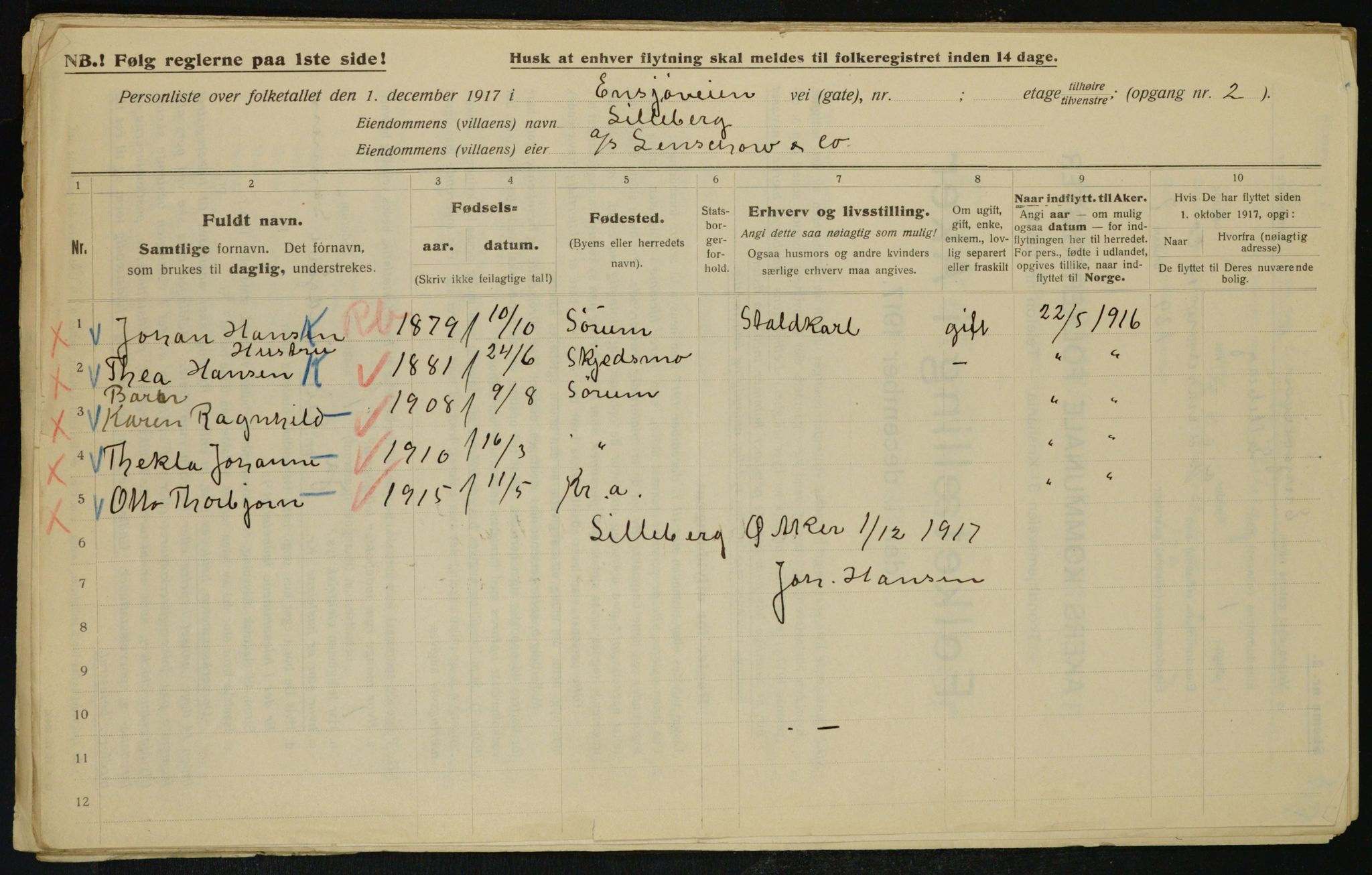 OBA, Kommunal folketelling 1.12.1917 for Aker, 1917, s. 27539