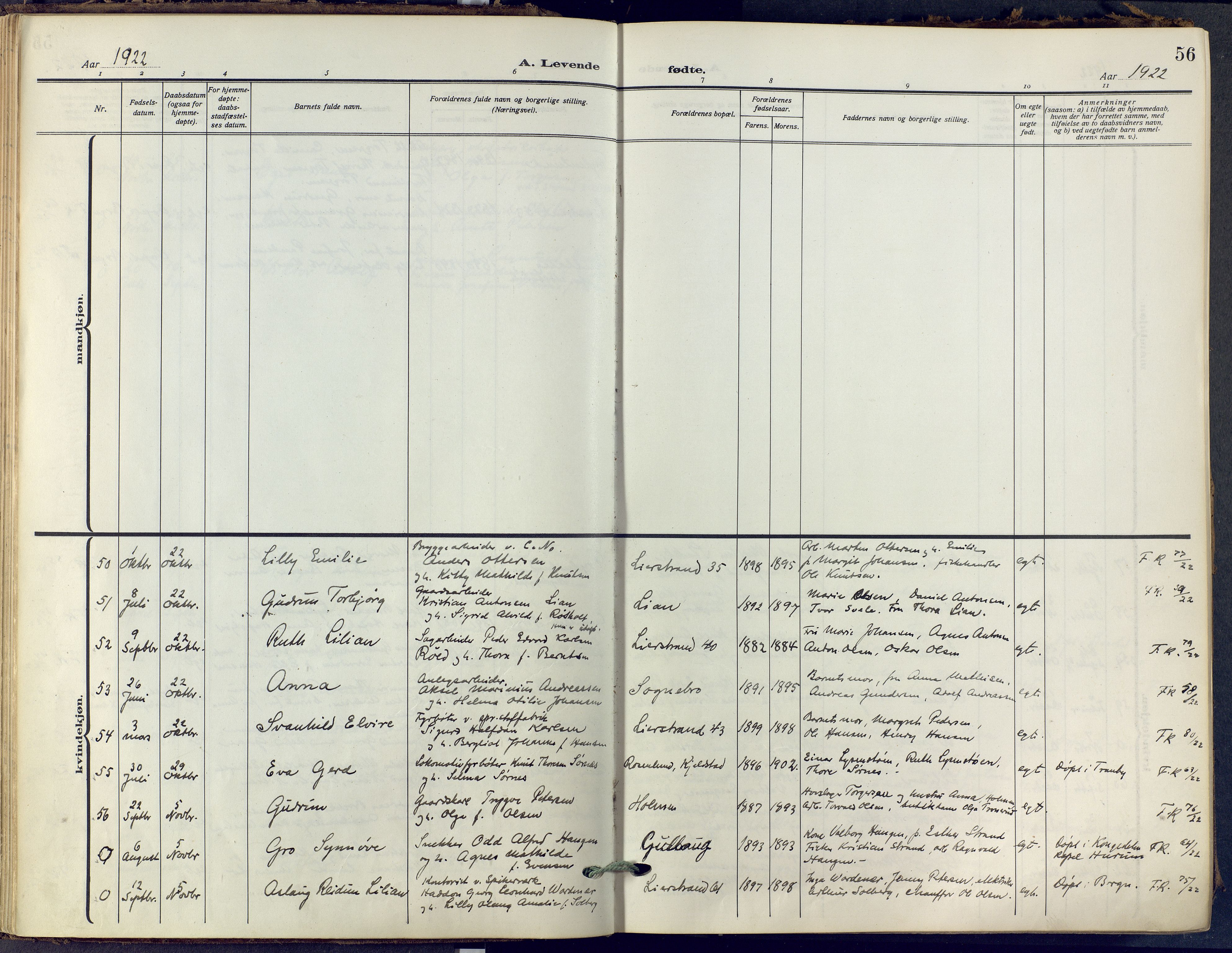 Lier kirkebøker, AV/SAKO-A-230/F/Fa/L0019: Ministerialbok nr. I 19, 1918-1928, s. 56