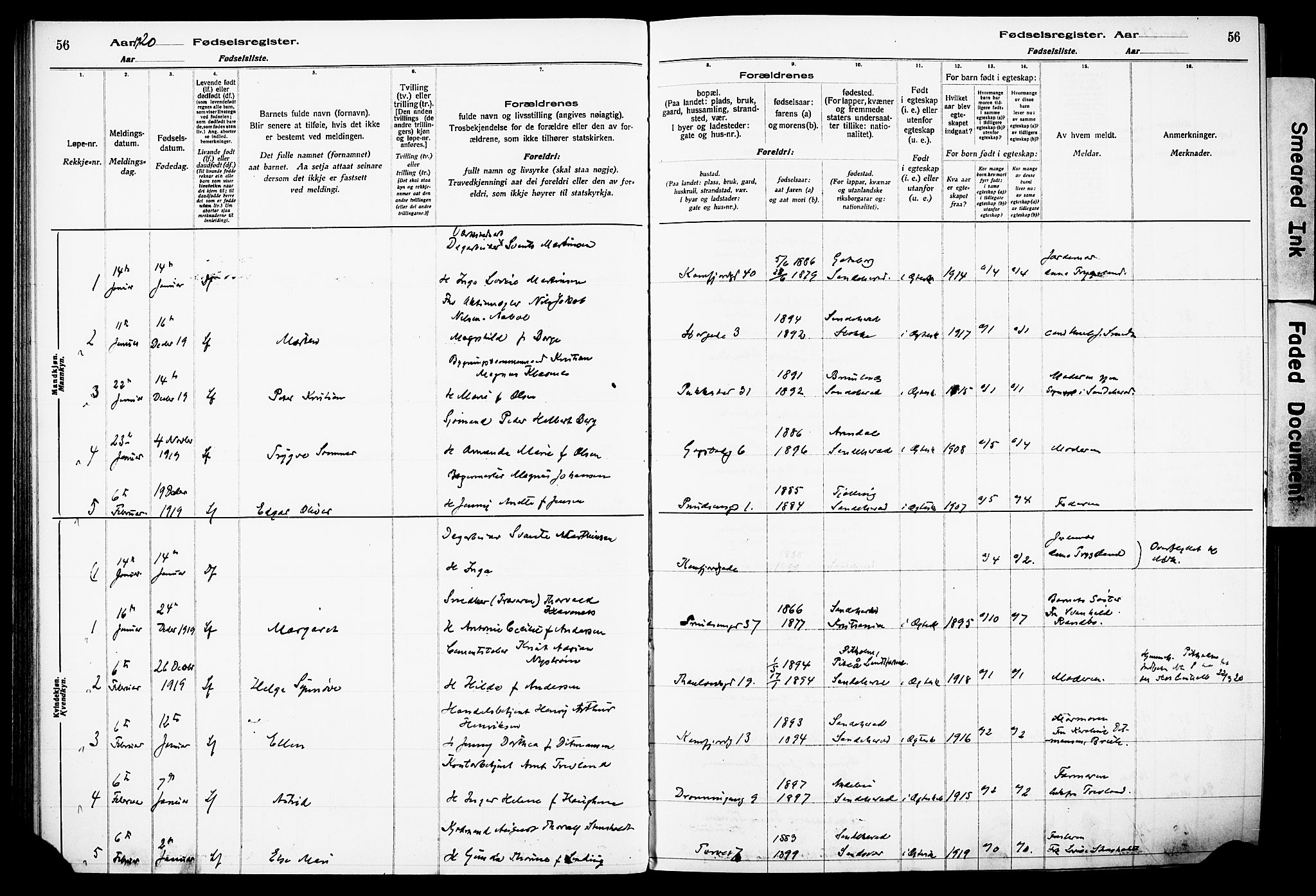 Sandefjord kirkebøker, AV/SAKO-A-315/J/Ja/L0001: Fødselsregister nr. 1, 1916-1932, s. 56