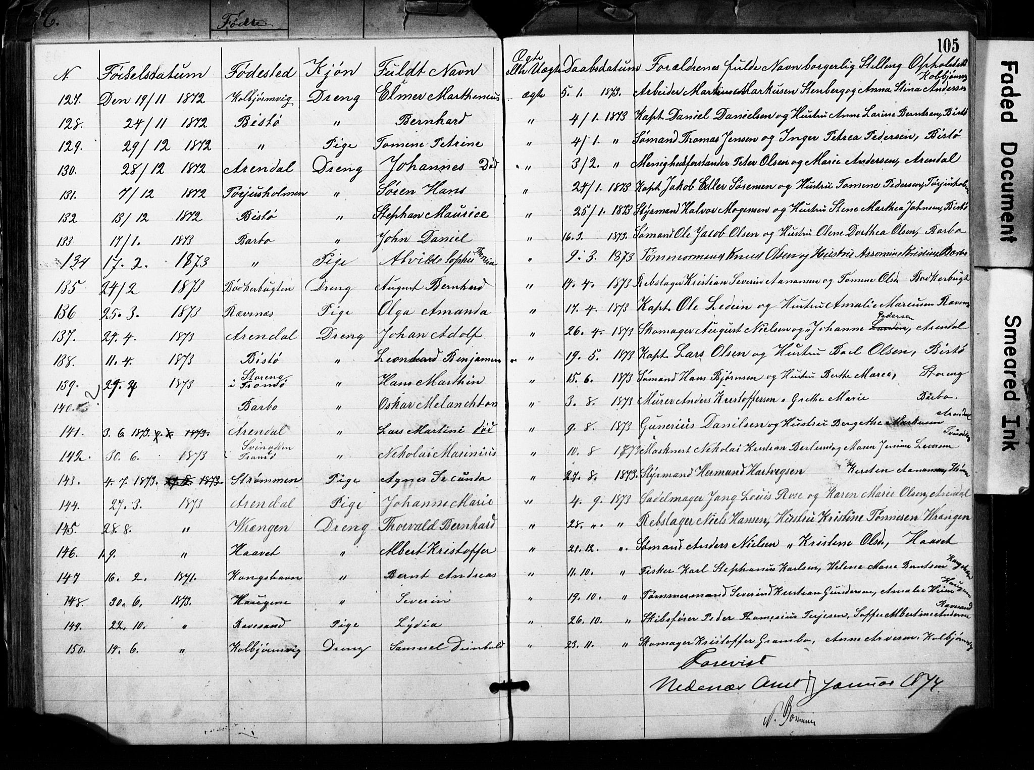 Metodistmenigheten, Arendal, AV/SAK-1292-0011/F/Fa/L0001: Dissenterprotokoll nr. F-2, 1867-1879, s. 105