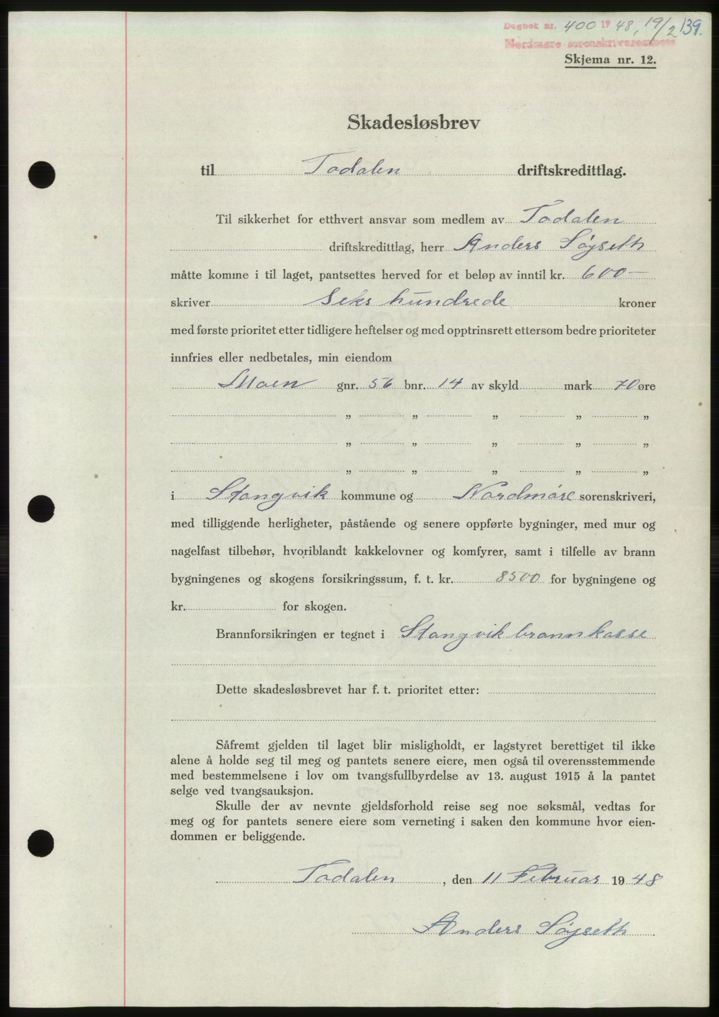 Nordmøre sorenskriveri, AV/SAT-A-4132/1/2/2Ca: Pantebok nr. B98, 1948-1948, Dagboknr: 400/1948