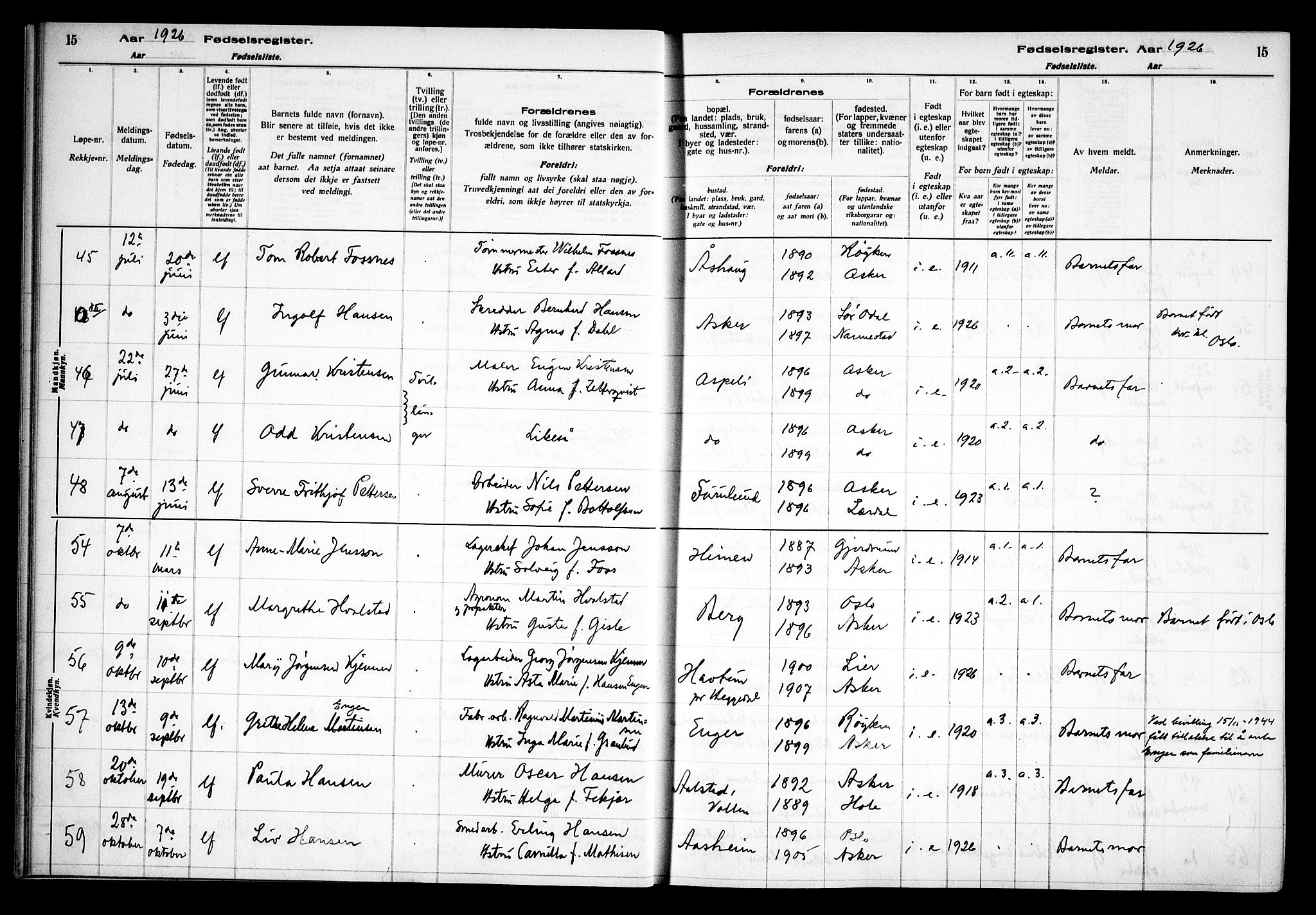 Asker prestekontor Kirkebøker, AV/SAO-A-10256a/J/L0002: Fødselsregister nr. 2, 1925-1938, s. 15
