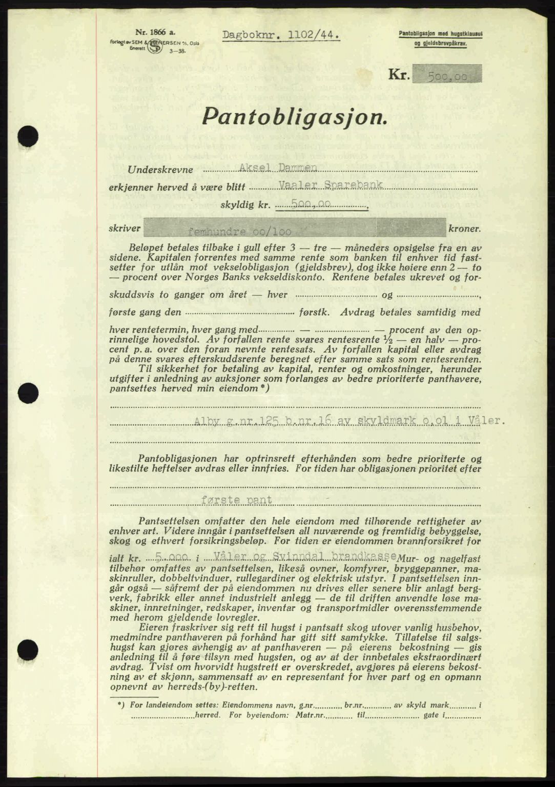Moss sorenskriveri, SAO/A-10168: Pantebok nr. A12, 1943-1944, Dagboknr: 1102/1944