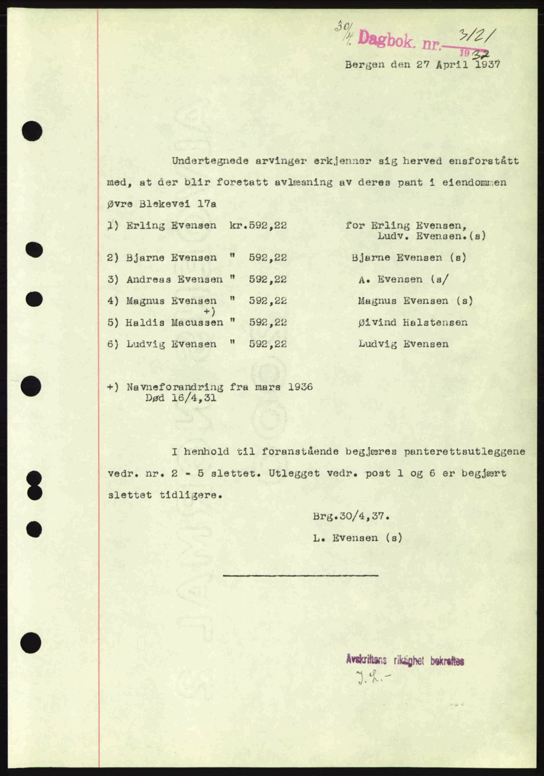 Byfogd og Byskriver i Bergen, SAB/A-3401/03/03Bc/L0004: Pantebok nr. A3-4, 1936-1937, Dagboknr: 3121/1937
