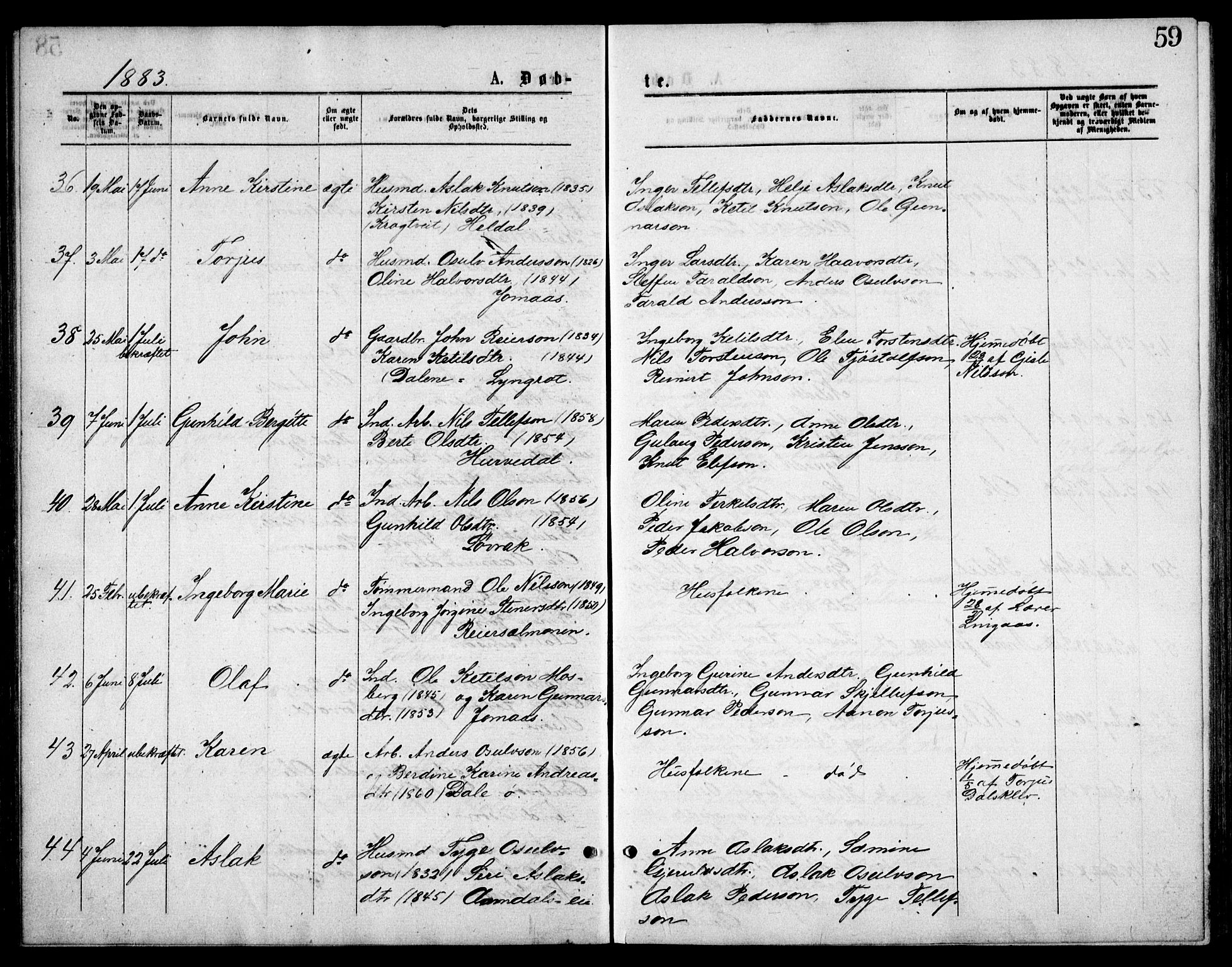 Froland sokneprestkontor, AV/SAK-1111-0013/F/Fb/L0009: Klokkerbok nr. B 9, 1875-1893, s. 59