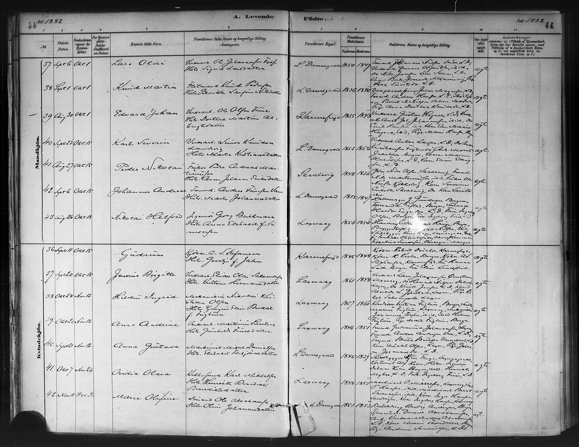 Askøy Sokneprestembete, AV/SAB-A-74101/H/Ha/Haa/Haae/L0002: Ministerialbok nr. E 2, 1878-1891, s. 44