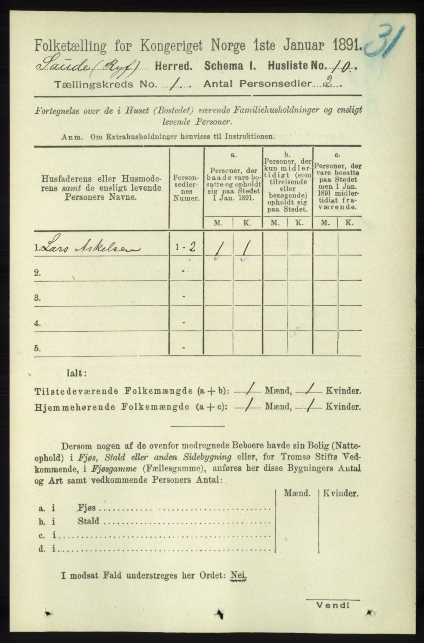 RA, Folketelling 1891 for 1135 Sauda herred, 1891, s. 27