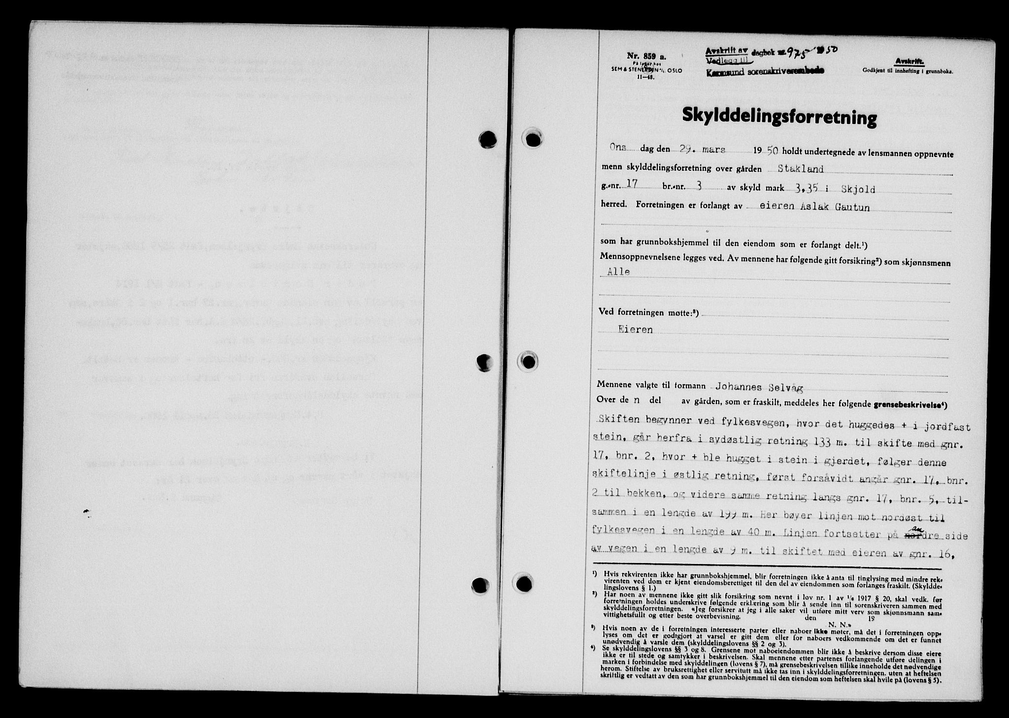 Karmsund sorenskriveri, SAST/A-100311/01/II/IIB/L0099: Pantebok nr. 79A, 1950-1950, Dagboknr: 975/1950