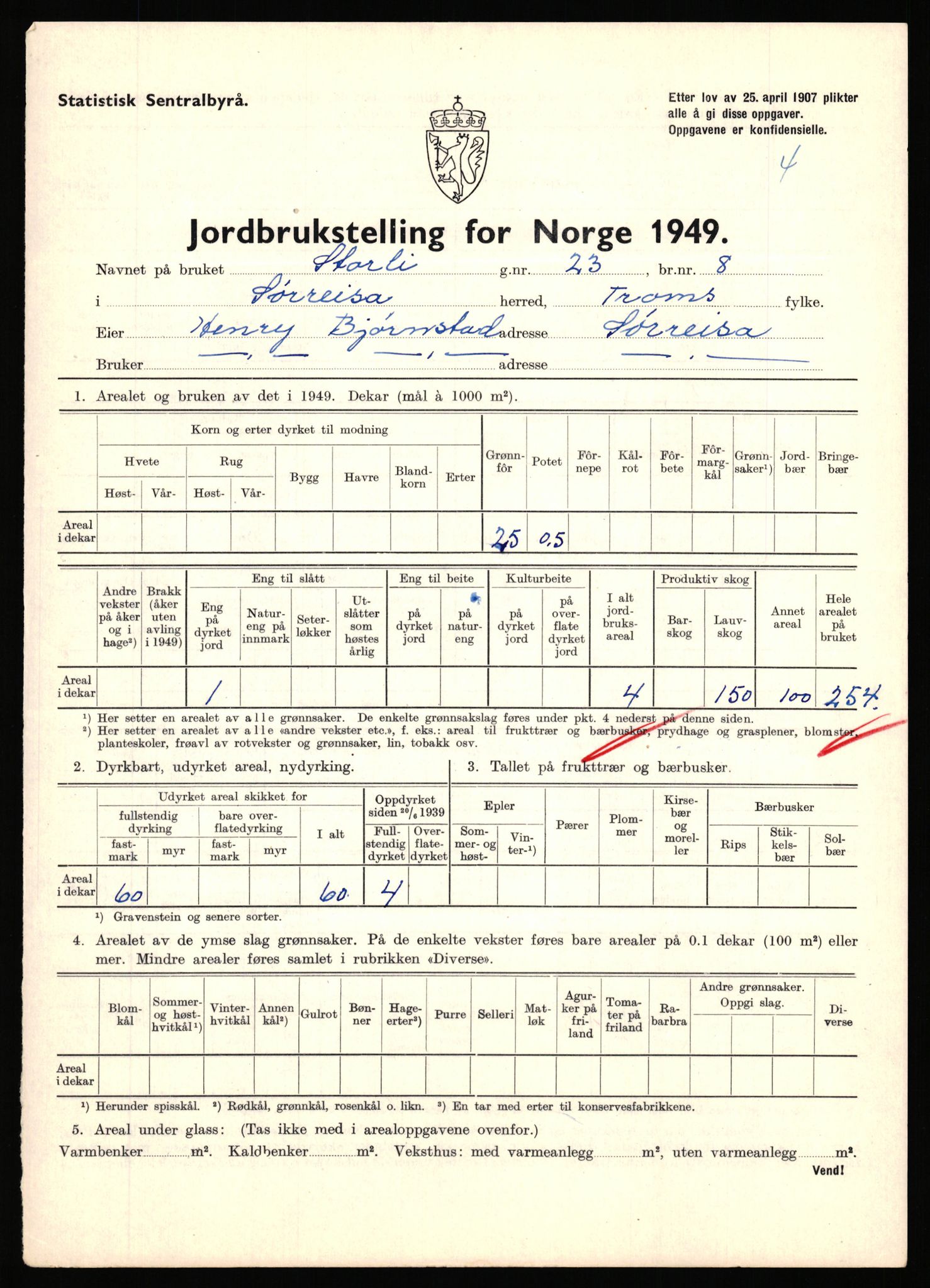 Statistisk sentralbyrå, Næringsøkonomiske emner, Jordbruk, skogbruk, jakt, fiske og fangst, AV/RA-S-2234/G/Gc/L0440: Troms: Sørreisa og Dyrøy, 1949, s. 31