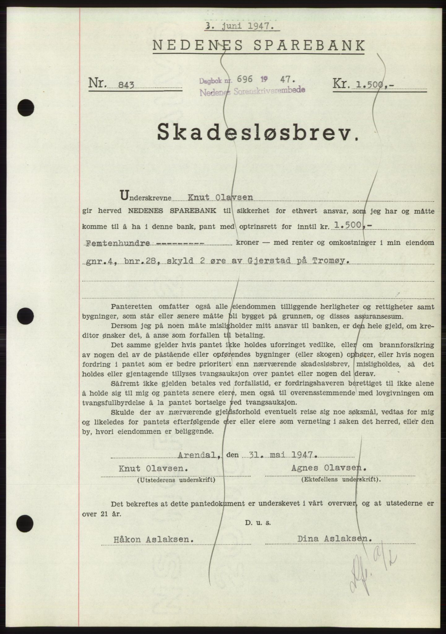 Nedenes sorenskriveri, AV/SAK-1221-0006/G/Gb/Gbb/L0004: Pantebok nr. B4, 1947-1947, Dagboknr: 696/1947