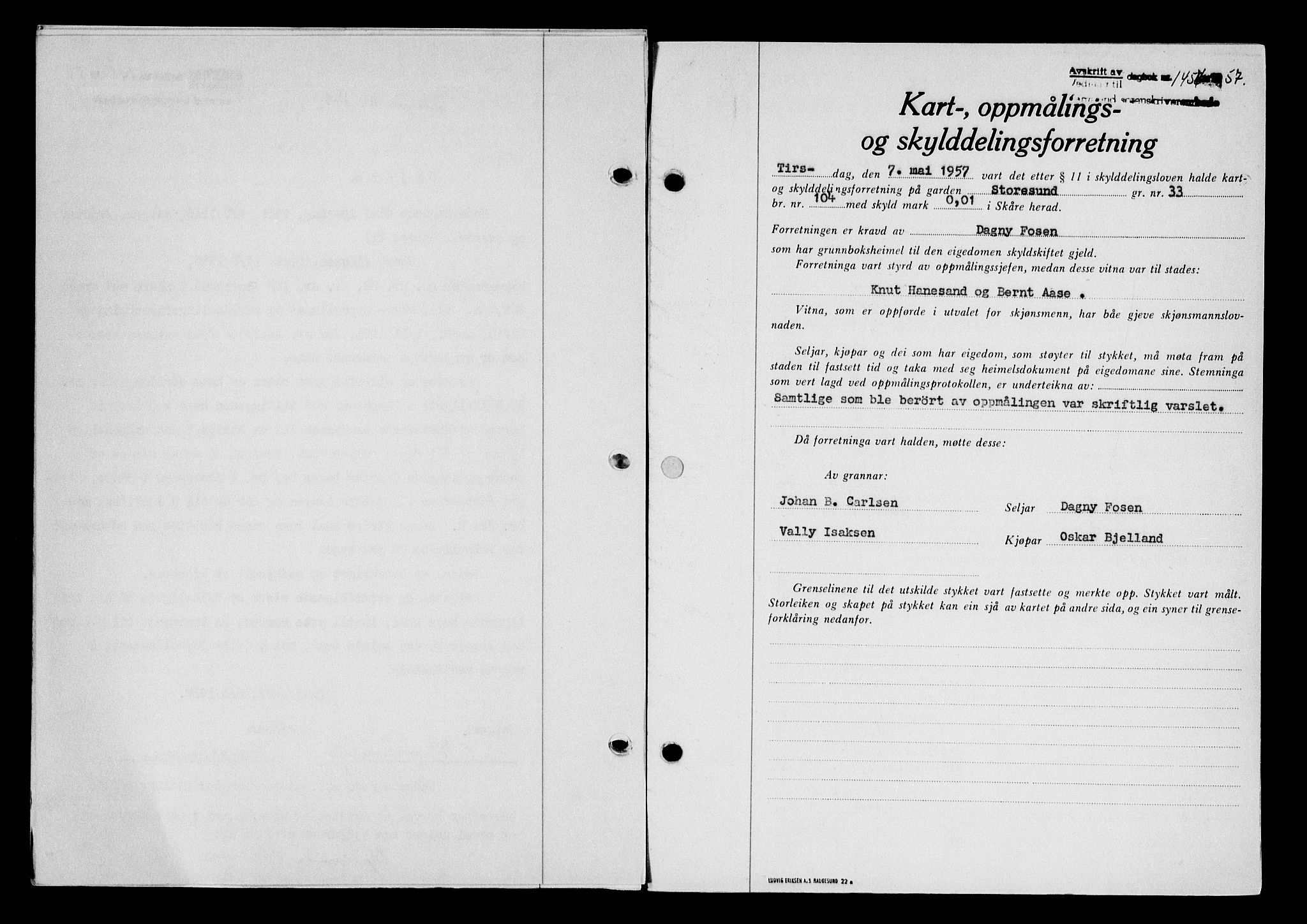 Karmsund sorenskriveri, SAST/A-100311/01/II/IIB/L0124: Pantebok nr. 104A, 1957-1957, Dagboknr: 1456/1957
