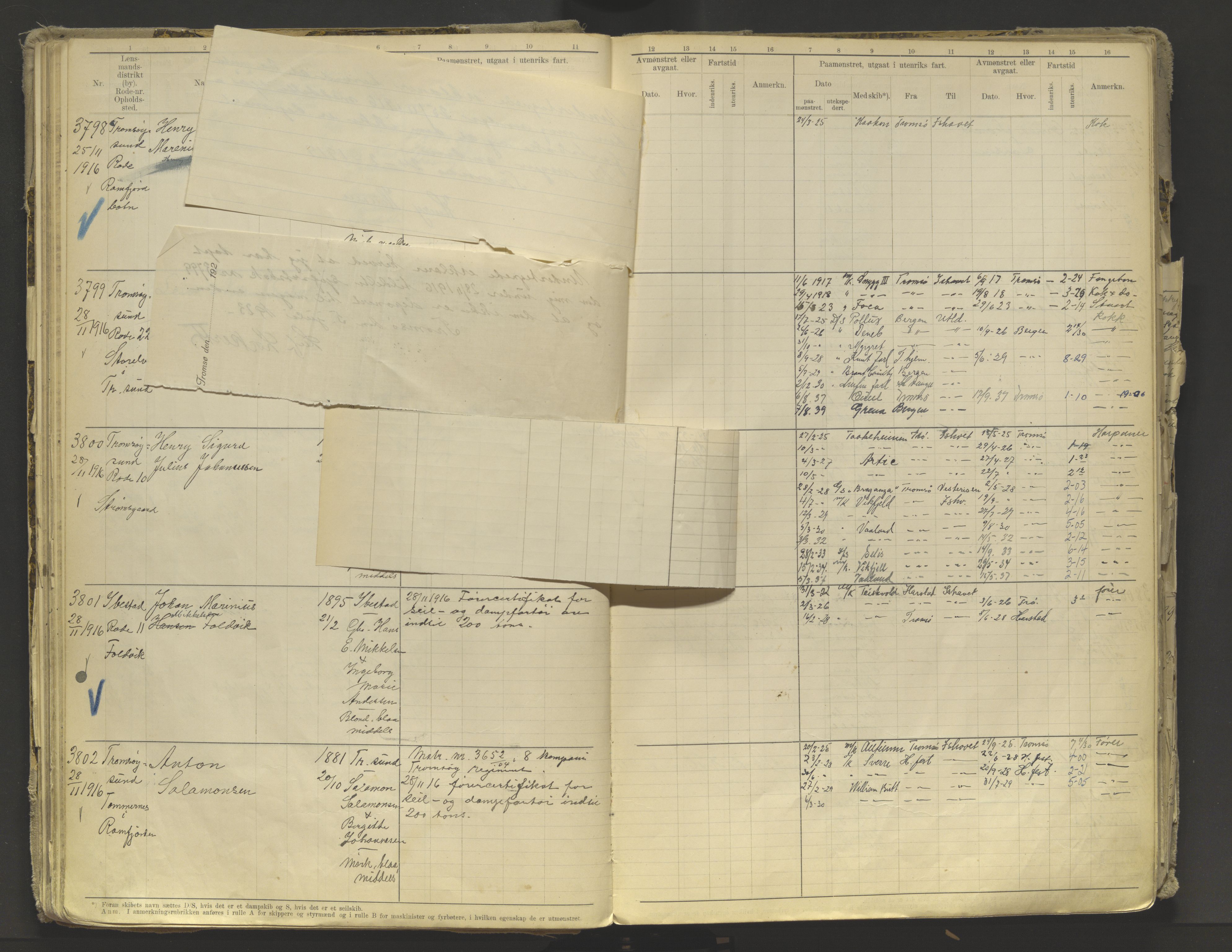 Tromsø sjømannskontor/innrullerings-/mønstringsdistrikt, AV/SATØ-S-0243/F/Fb/L0010: Annotasjonsrulle. Defekt: løs innbinding. Nr. 3519-4972, 1916-1920