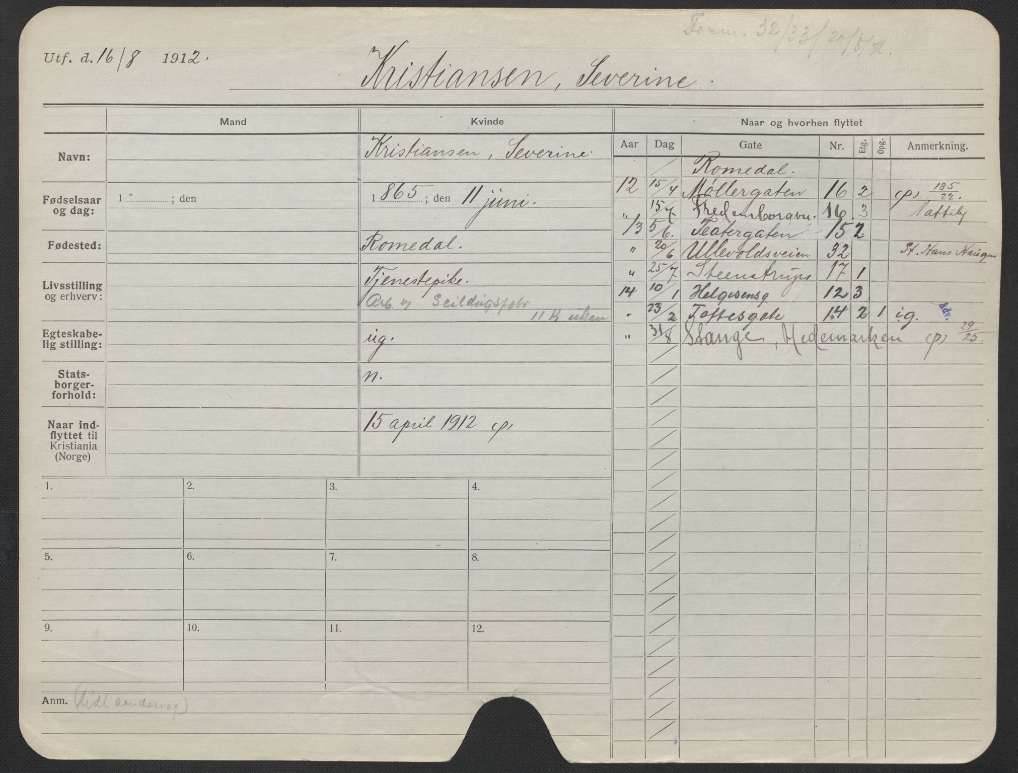 Oslo folkeregister, Registerkort, AV/SAO-A-11715/F/Fa/Fac/L0019: Kvinner, 1906-1914, s. 451a