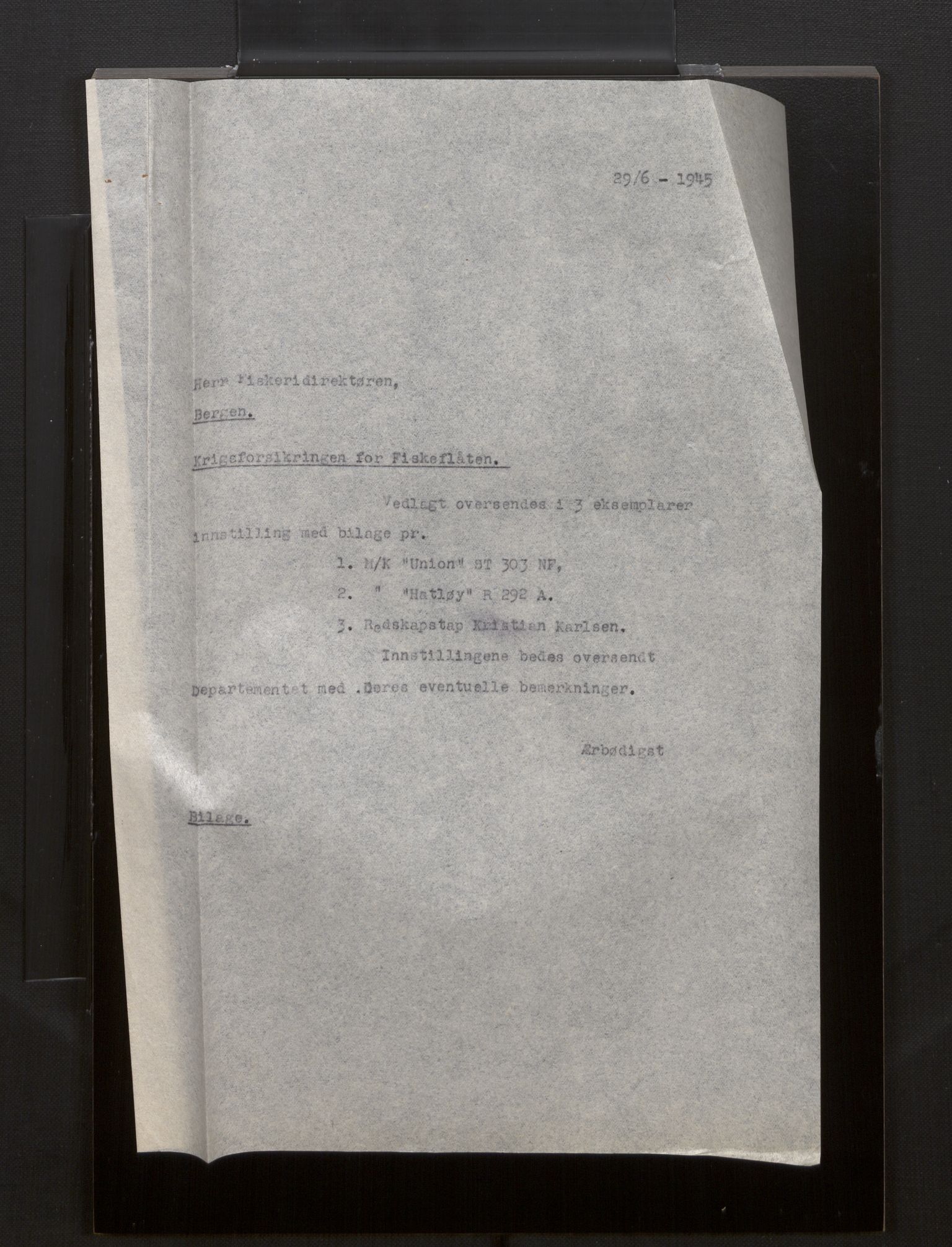 Fiskeridirektoratet - 1 Adm. ledelse - 13 Båtkontoret, AV/SAB-A-2003/La/L0008: Statens krigsforsikring for fiskeflåten, 1936-1971, s. 160