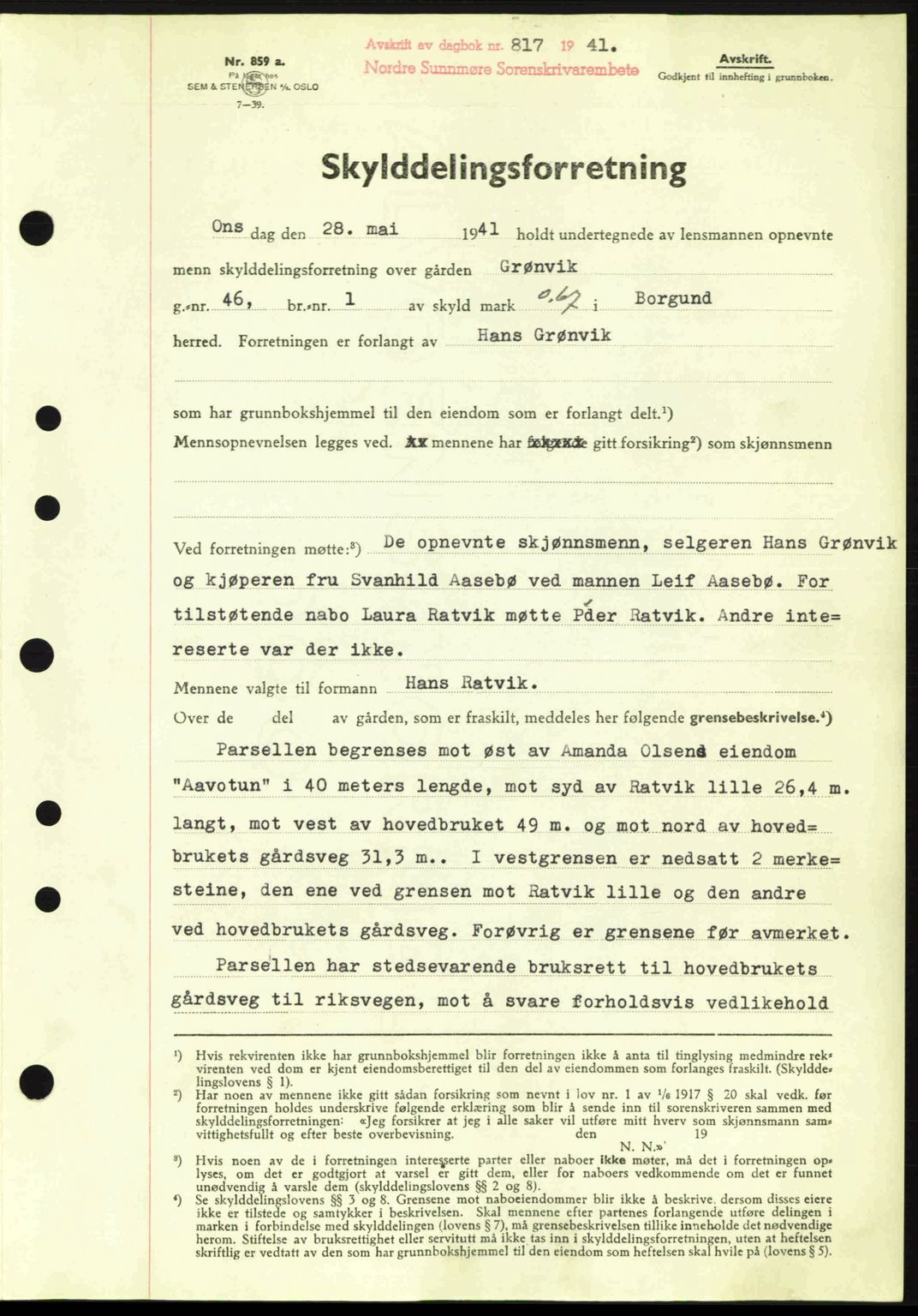 Nordre Sunnmøre sorenskriveri, SAT/A-0006/1/2/2C/2Ca: Pantebok nr. A11, 1941-1941, Dagboknr: 817/1941