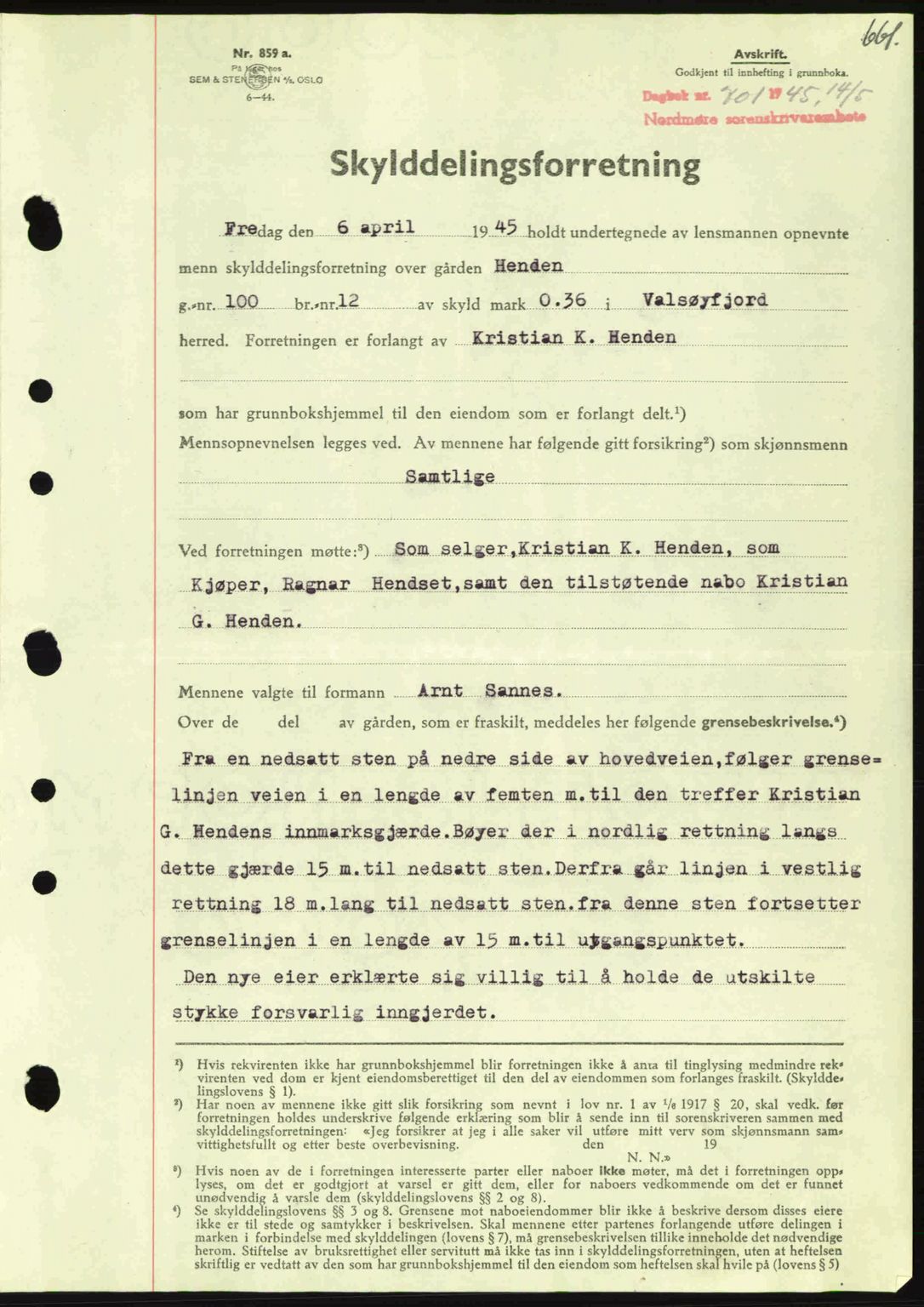 Nordmøre sorenskriveri, SAT/A-4132/1/2/2Ca: Pantebok nr. A99, 1945-1945, Dagboknr: 701/1945