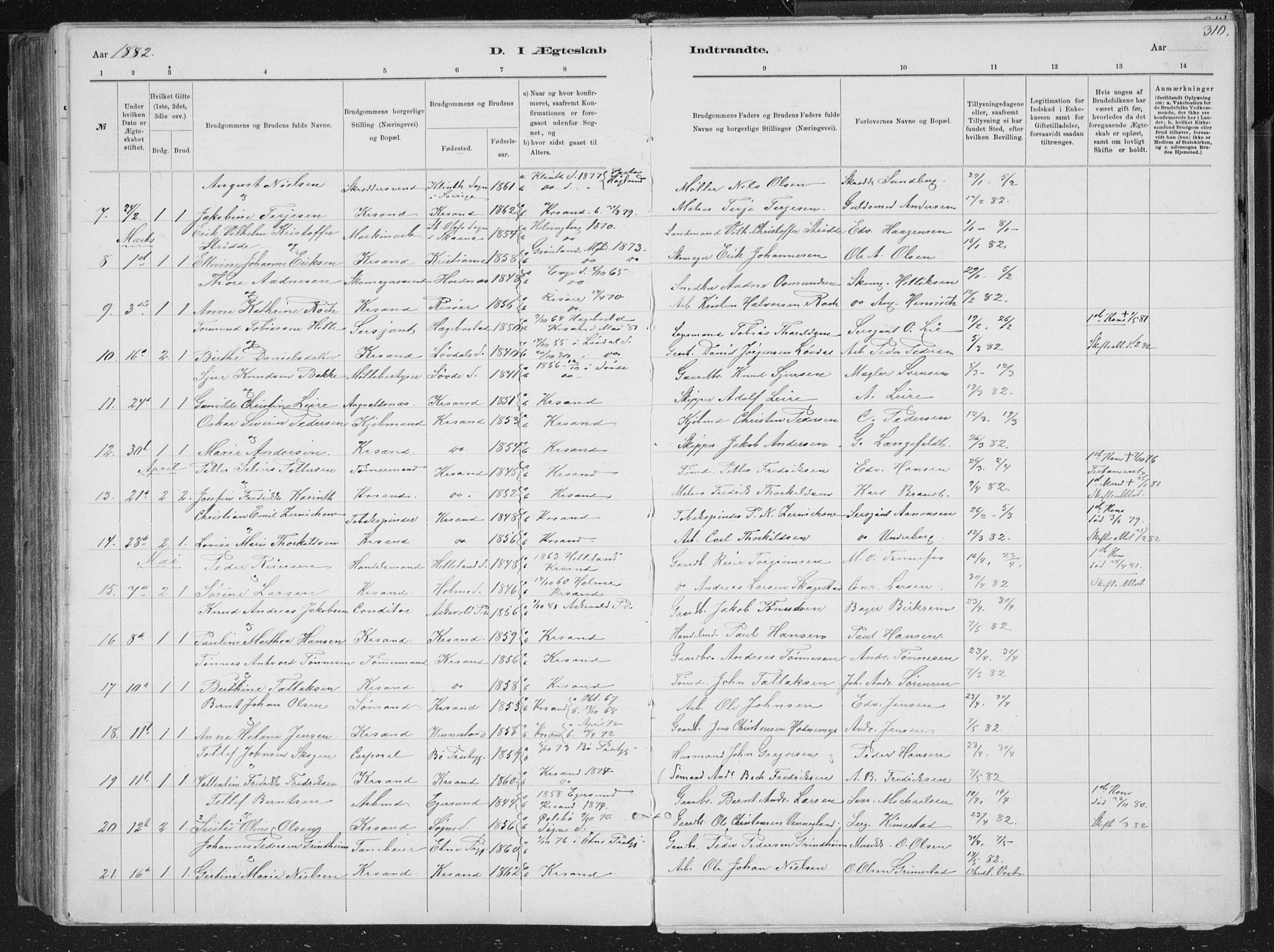 Kristiansand domprosti, AV/SAK-1112-0006/F/Fb/L0014: Klokkerbok nr. B 14, 1881-1896, s. 310