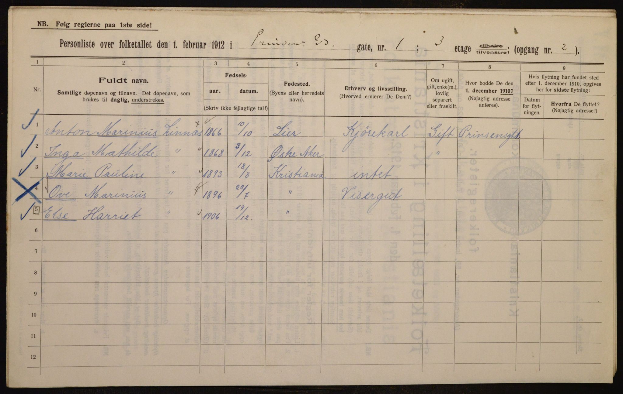 OBA, Kommunal folketelling 1.2.1912 for Kristiania, 1912, s. 81445