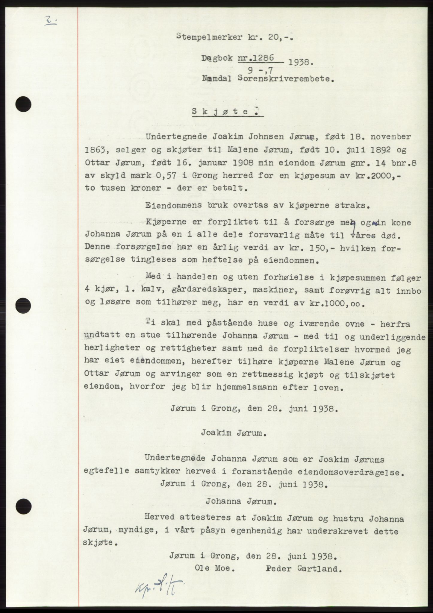 Namdal sorenskriveri, SAT/A-4133/1/2/2C: Pantebok nr. -, 1937-1939, Tingl.dato: 09.07.1938