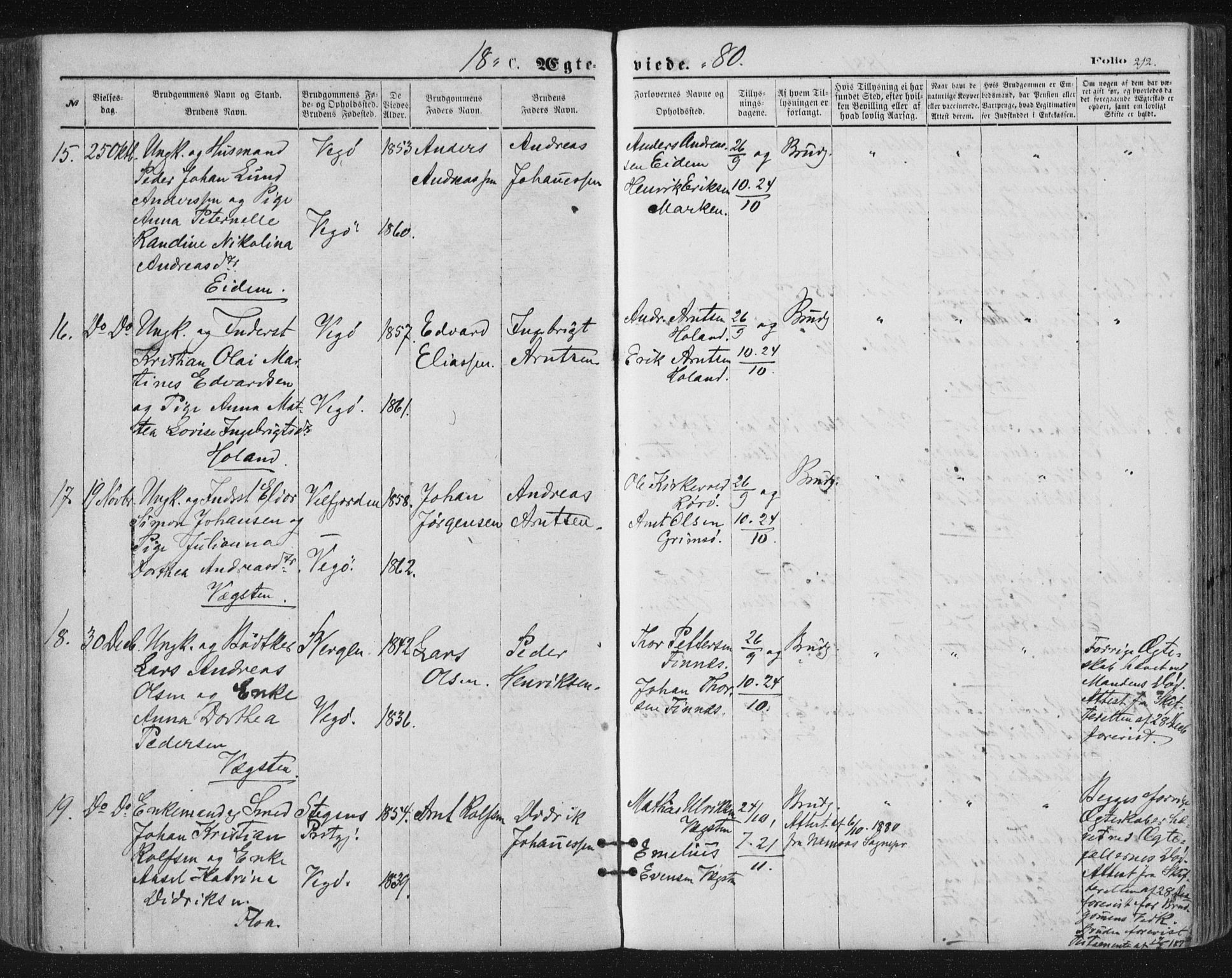 Ministerialprotokoller, klokkerbøker og fødselsregistre - Nordland, SAT/A-1459/816/L0241: Ministerialbok nr. 816A07, 1870-1885, s. 212