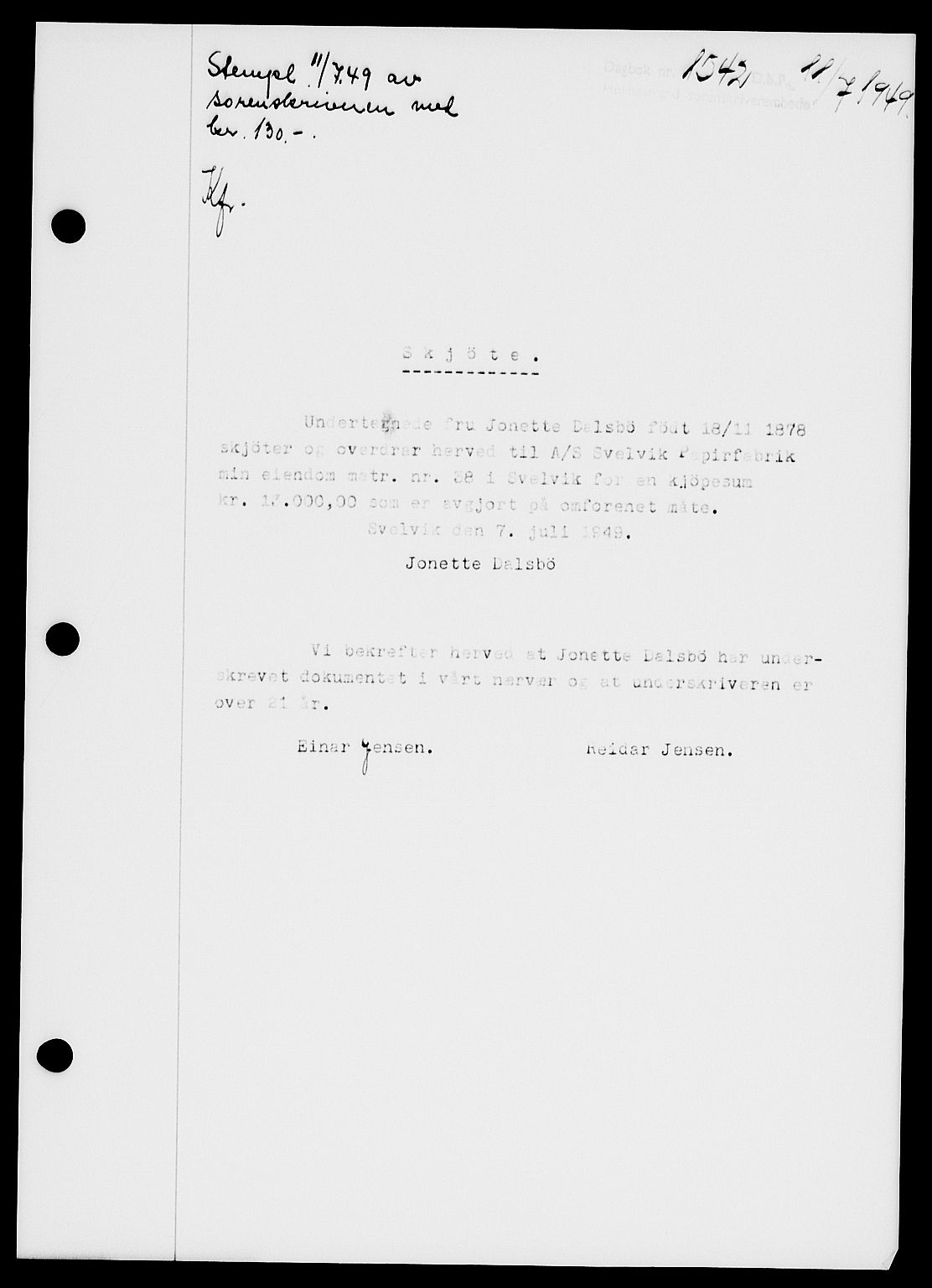 Holmestrand sorenskriveri, SAKO/A-67/G/Ga/Gaa/L0067: Pantebok nr. A-67, 1949-1949, Dagboknr: 1542/1949