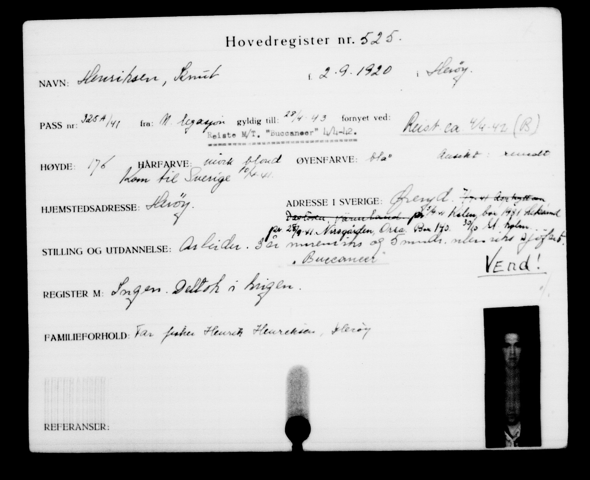 Utenriksstasjonene, Legasjonen i Stockholm, Flyktningkontoret, AV/RA-S-6753/V/Va/L0001: Kjesäterkartoteket, flyktninger med registreringsnr. 1-1000, 1940-1945, s. 813