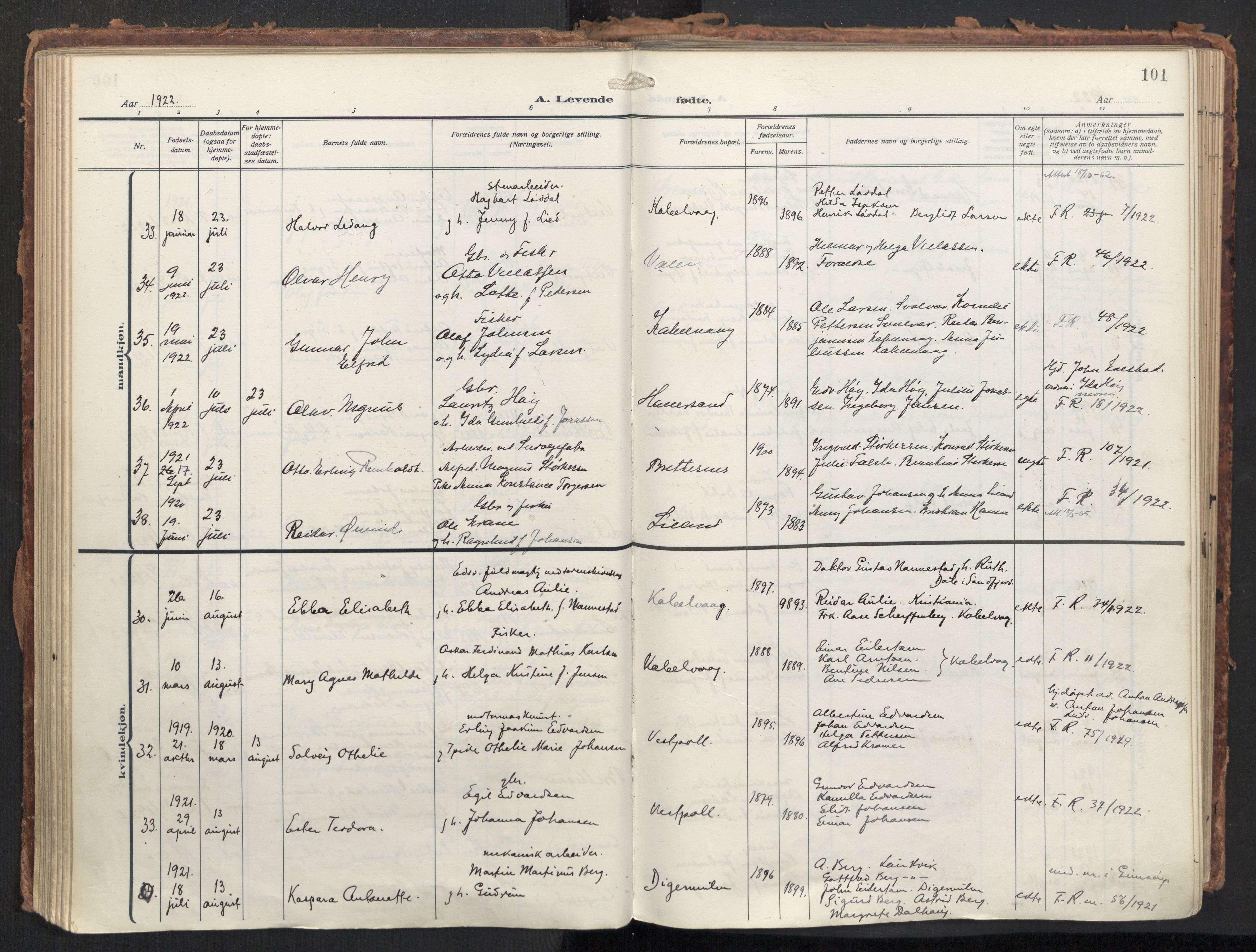 Ministerialprotokoller, klokkerbøker og fødselsregistre - Nordland, AV/SAT-A-1459/874/L1064: Ministerialbok nr. 874A08, 1915-1926, s. 101