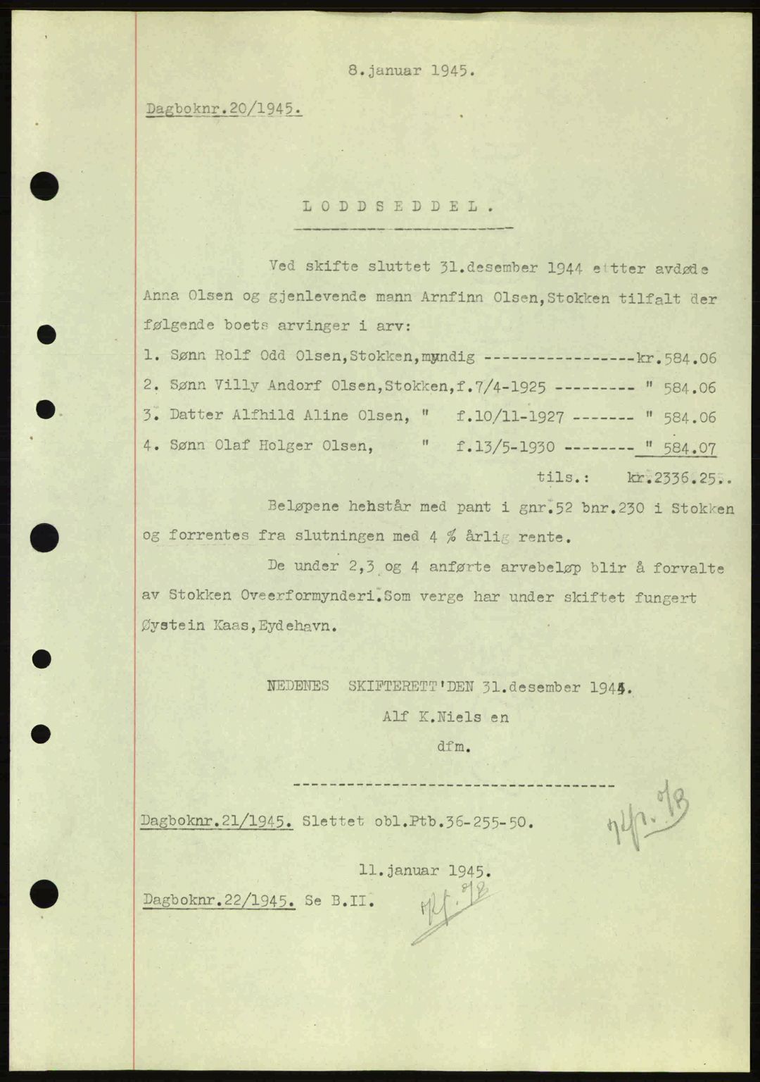 Nedenes sorenskriveri, SAK/1221-0006/G/Gb/Gba/L0052: Pantebok nr. A6a, 1944-1945, Dagboknr: 20/1945