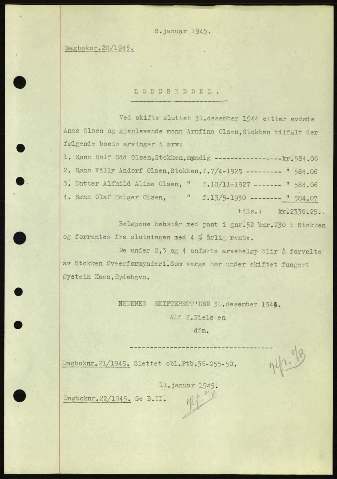 Nedenes sorenskriveri, AV/SAK-1221-0006/G/Gb/Gba/L0052: Pantebok nr. A6a, 1944-1945, Dagboknr: 20/1945