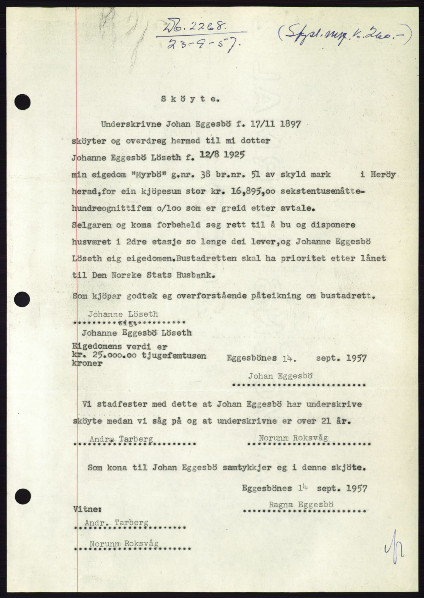 Søre Sunnmøre sorenskriveri, SAT/A-4122/1/2/2C/L0107: Pantebok nr. 33A, 1957-1957, Dagboknr: 2268/1957
