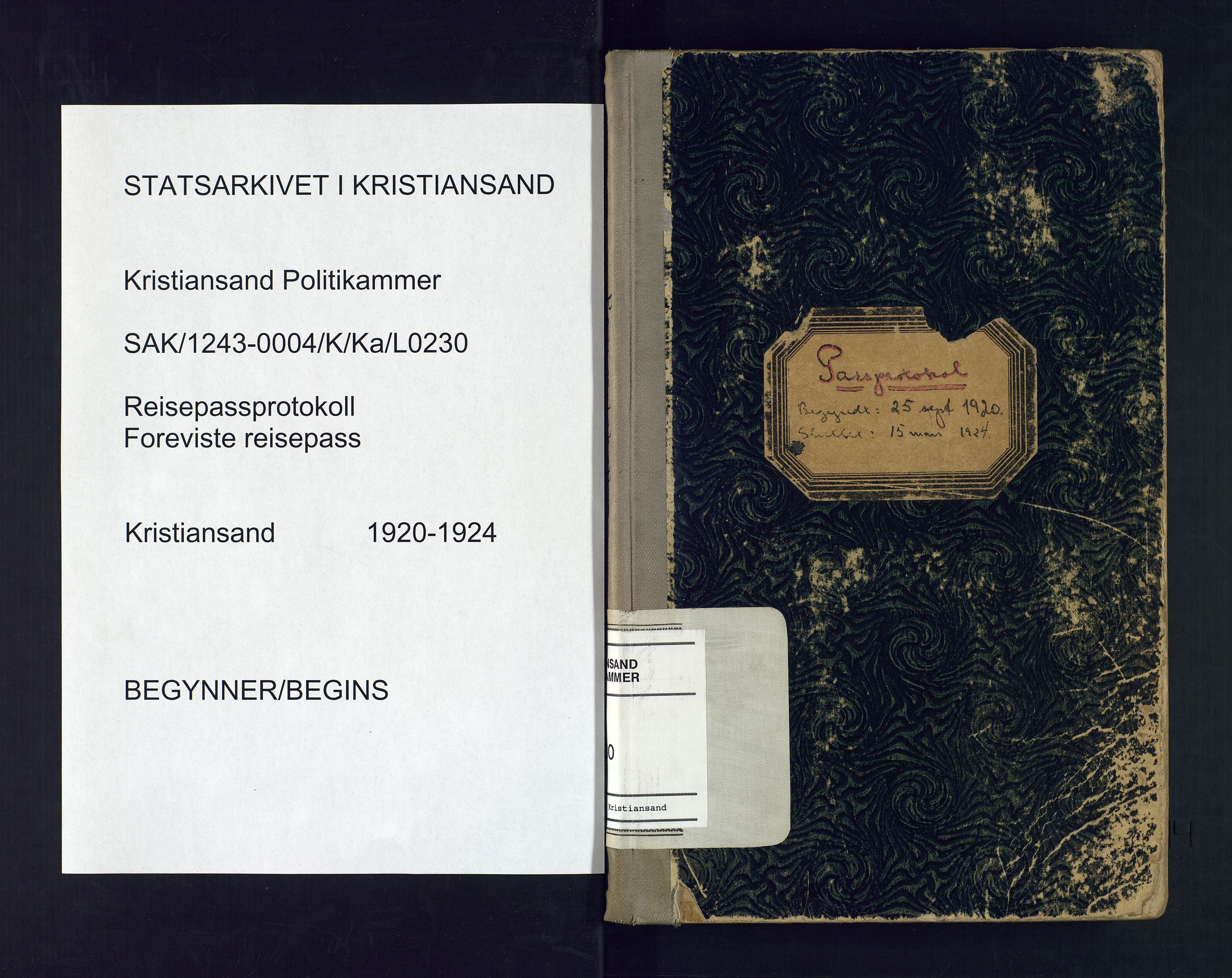 Kristiansand politikammer, SAK/1243-0004/K/Ka/L0230: Passprotokoll foreviste reisepass, 1920-1924