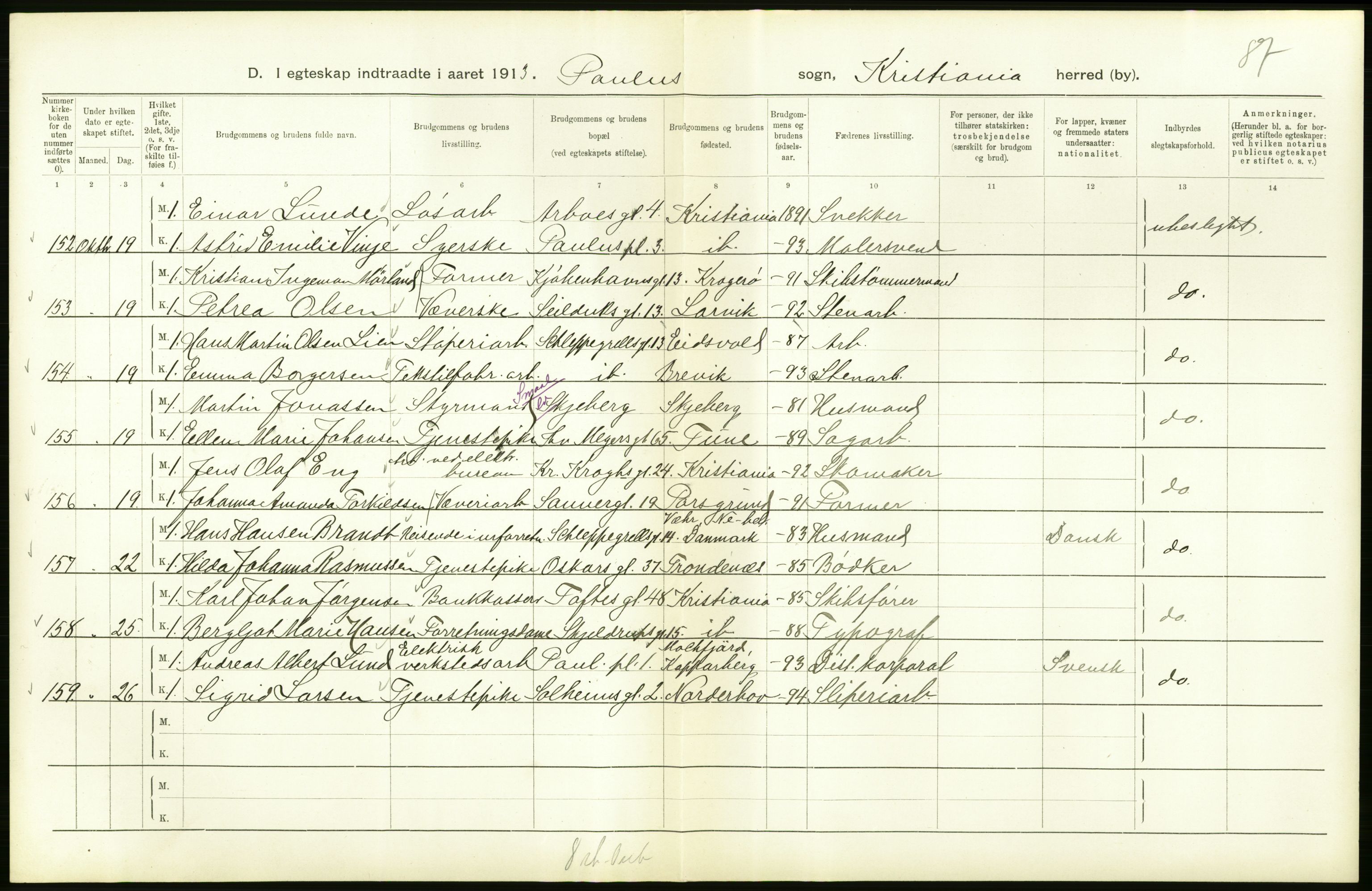 Statistisk sentralbyrå, Sosiodemografiske emner, Befolkning, AV/RA-S-2228/D/Df/Dfb/Dfbc/L0008: Kristiania: Gifte., 1913, s. 296