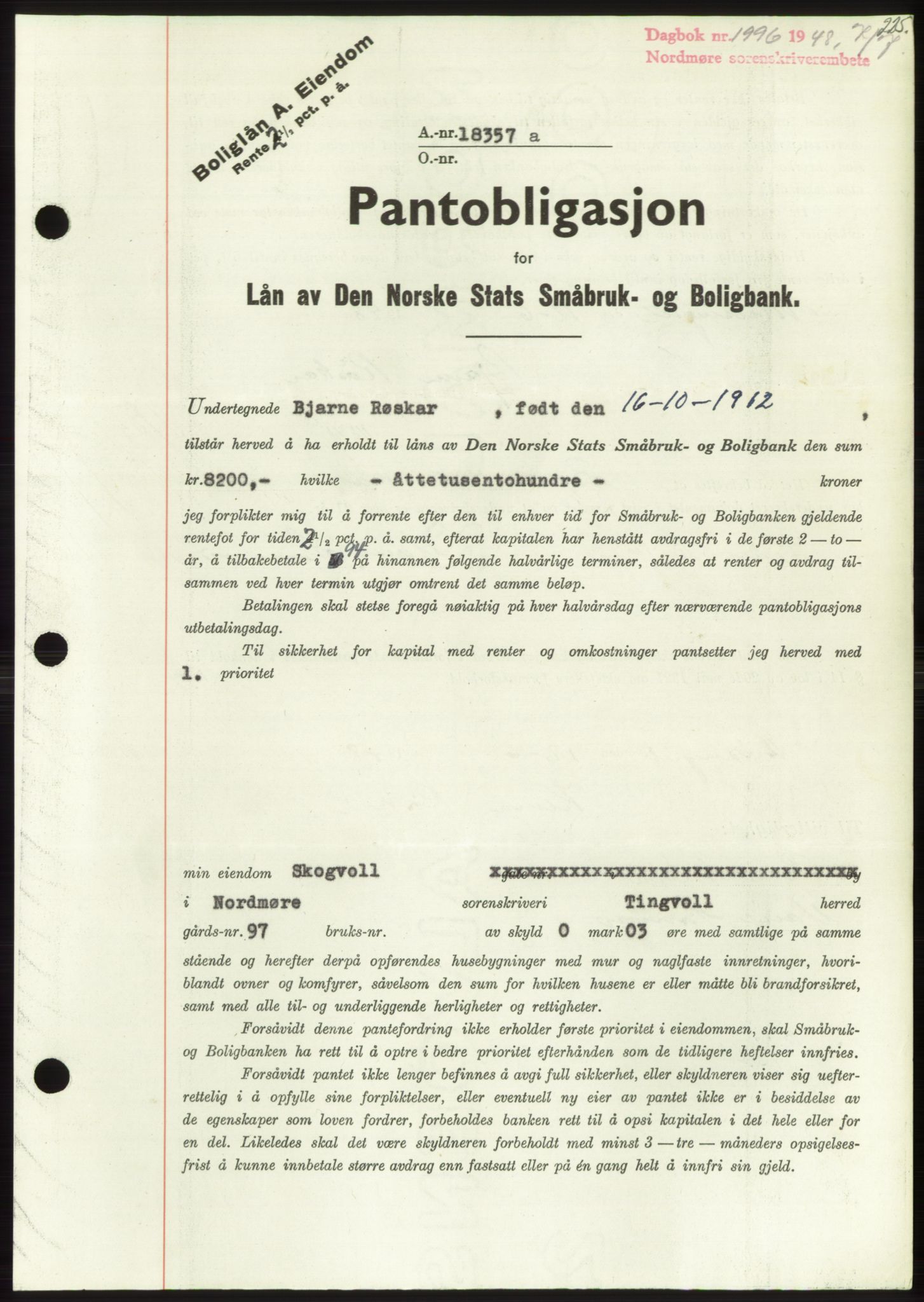 Nordmøre sorenskriveri, SAT/A-4132/1/2/2Ca: Pantebok nr. B99, 1948-1948, Dagboknr: 1996/1948