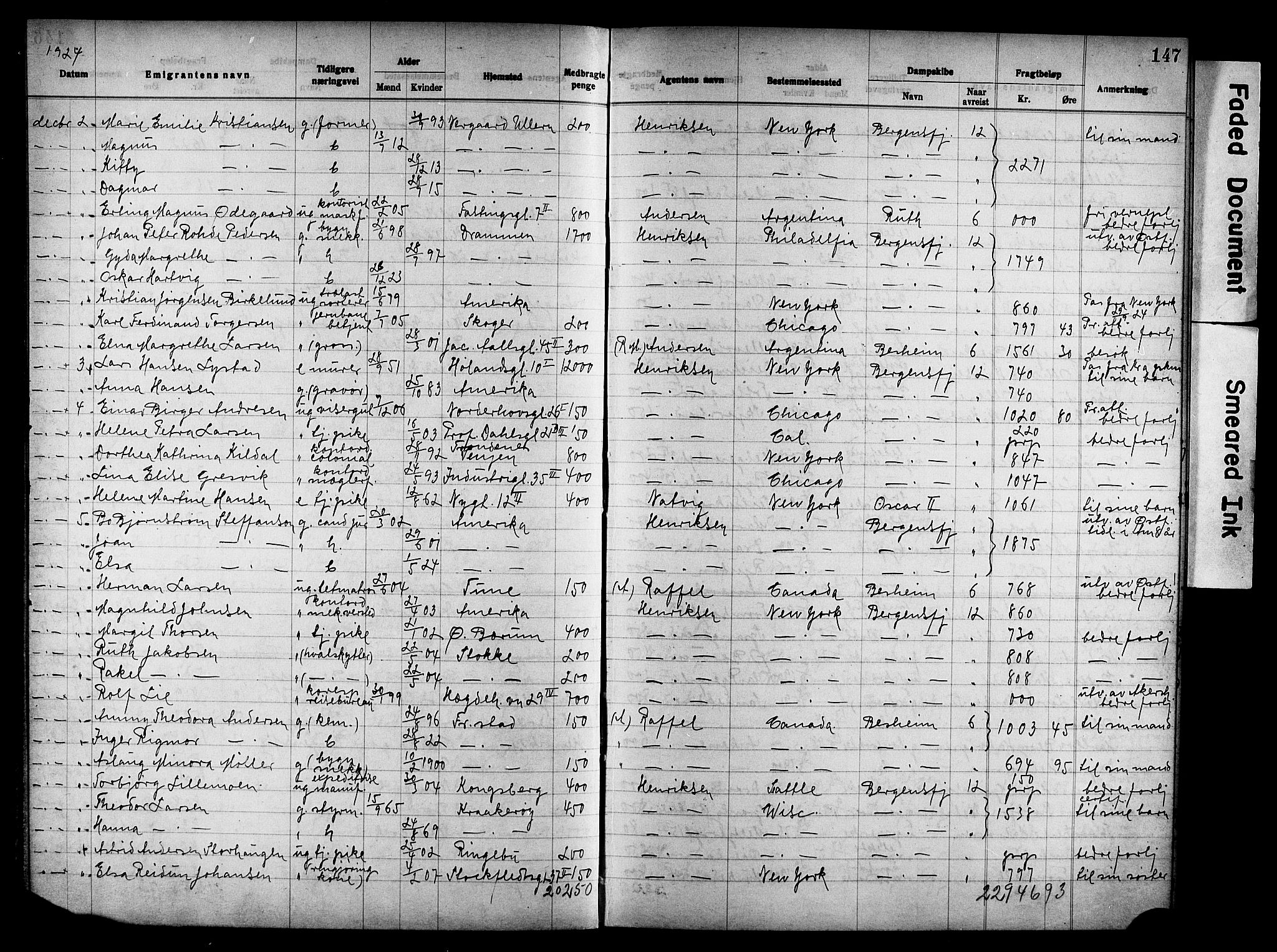 Oslo politidistrikt, AV/SAO-A-10085/E/Ee/Eef/L0035: Emigrantprotokoll, 1923-1927, s. 147