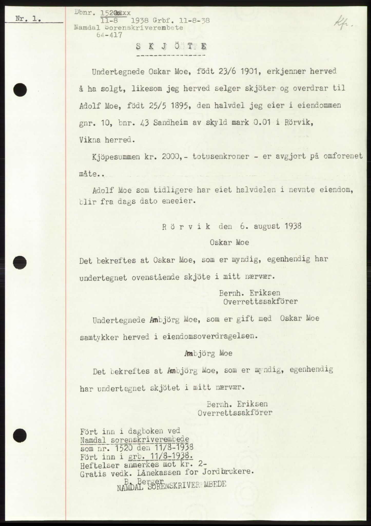 Namdal sorenskriveri, SAT/A-4133/1/2/2C: Pantebok nr. -, 1937-1939, Tingl.dato: 11.08.1938