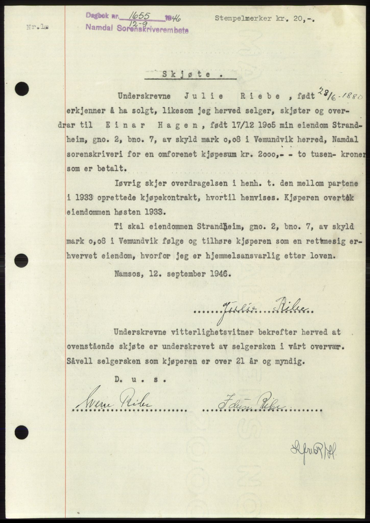 Namdal sorenskriveri, SAT/A-4133/1/2/2C: Pantebok nr. -, 1946-1947, Dagboknr: 1655/1946