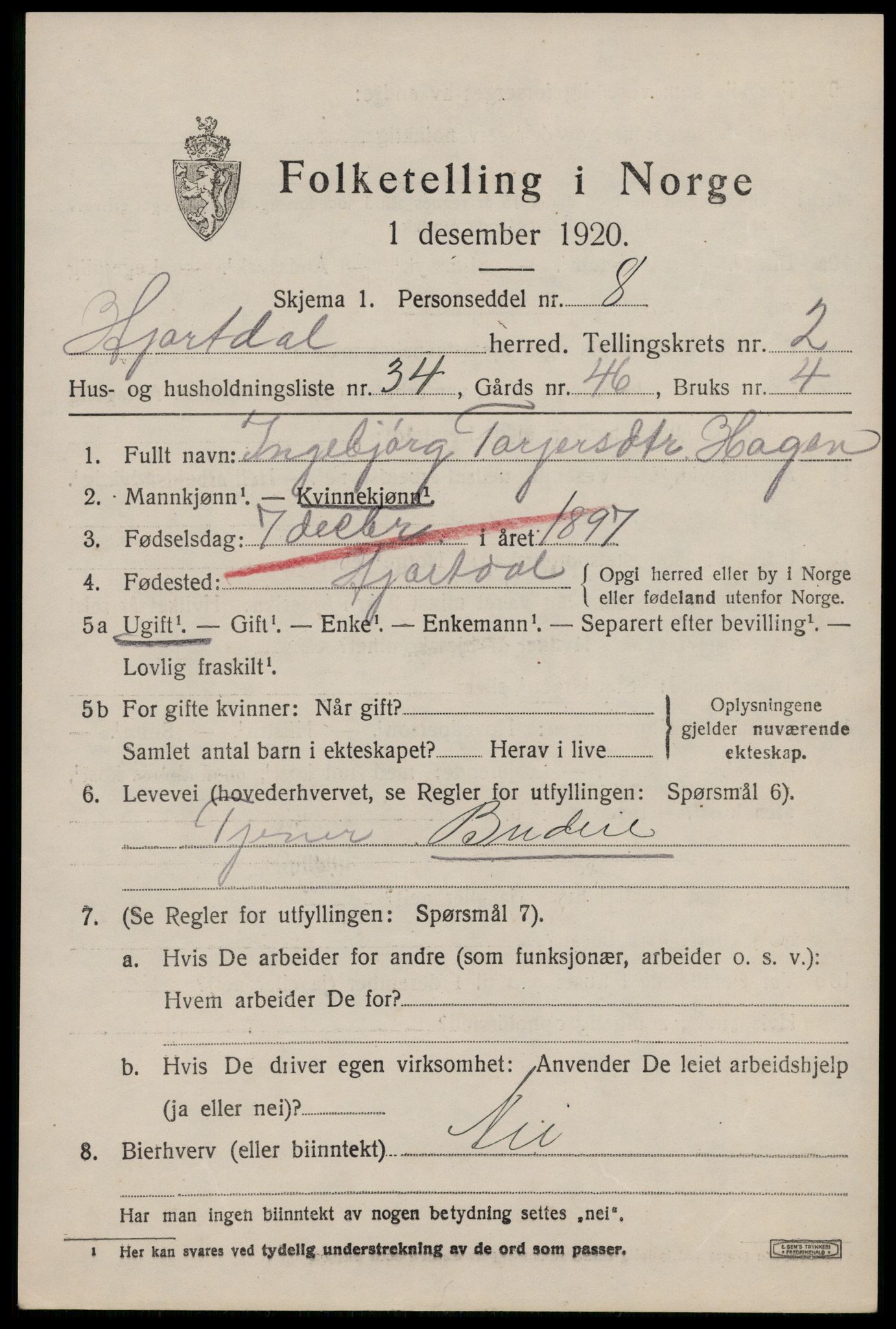 SAKO, Folketelling 1920 for 0827 Hjartdal herred, 1920, s. 2192
