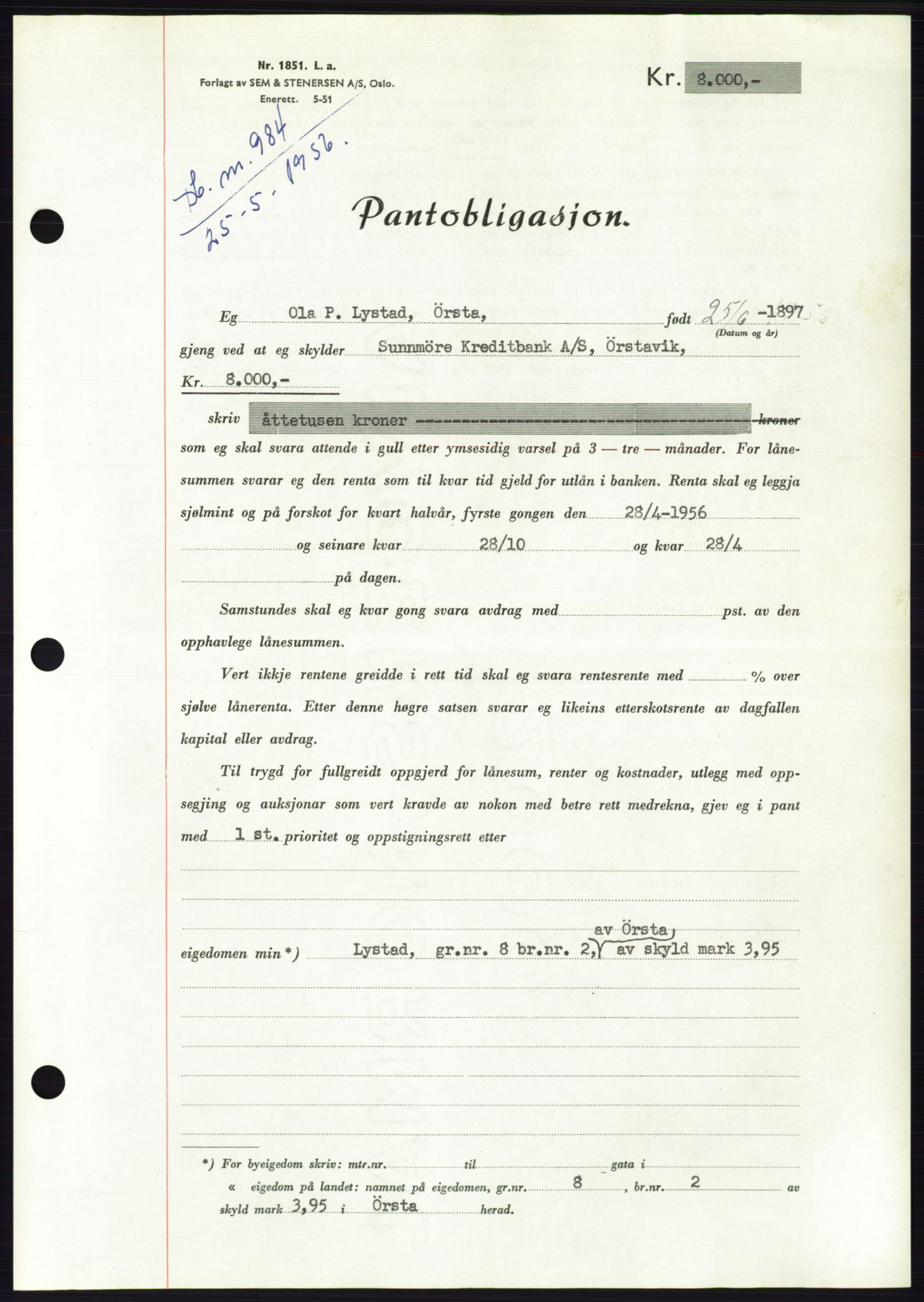 Søre Sunnmøre sorenskriveri, SAT/A-4122/1/2/2C/L0128: Pantebok nr. 16B, 1956-1956, Dagboknr: 984/1956