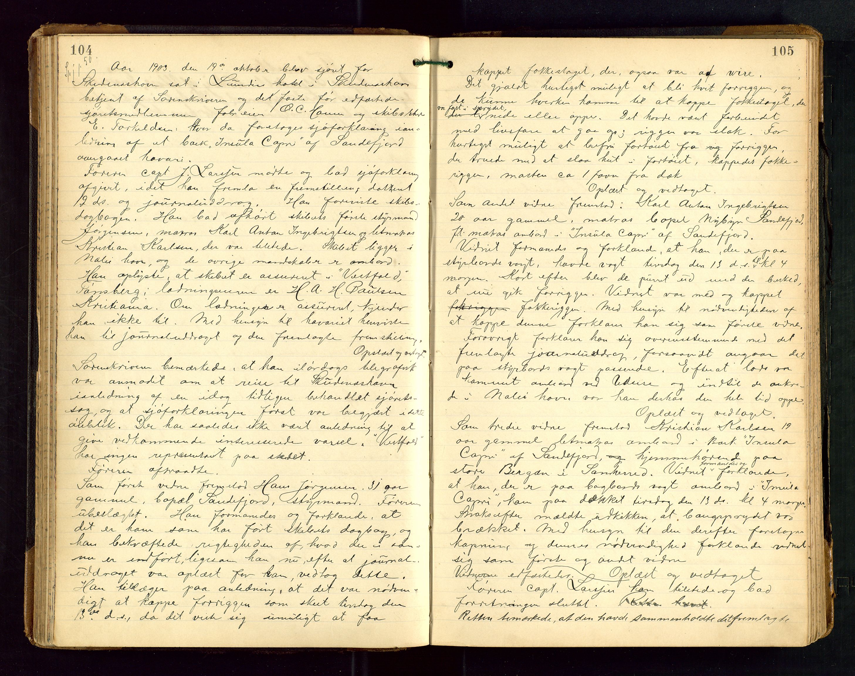 Karmsund sorenskriveri, AV/SAST-A-100311/01/I/IA/IABD/L0006: EKSTRARETTSPROTOKOLL, 1901-1911, s. 104-105