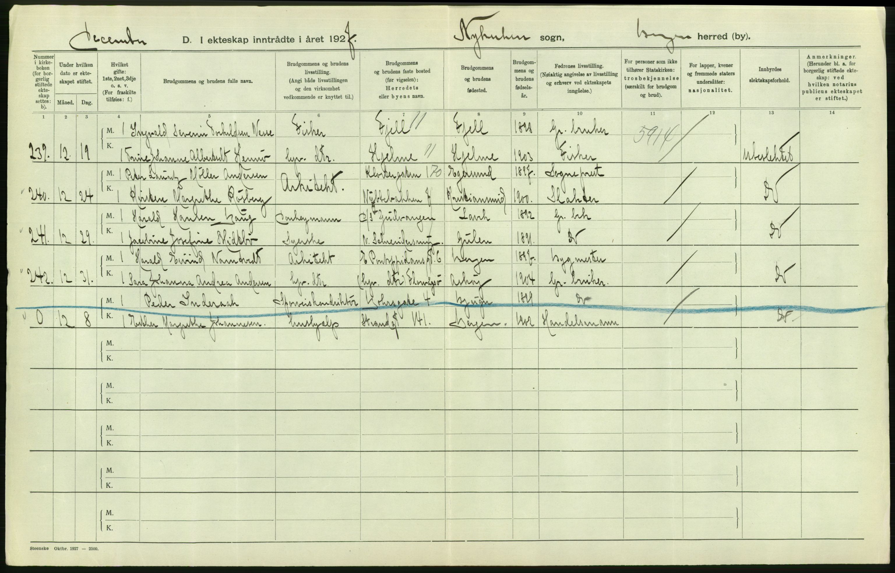 Statistisk sentralbyrå, Sosiodemografiske emner, Befolkning, RA/S-2228/D/Df/Dfc/Dfcg/L0028: Bergen: Gifte, døde., 1927, s. 156