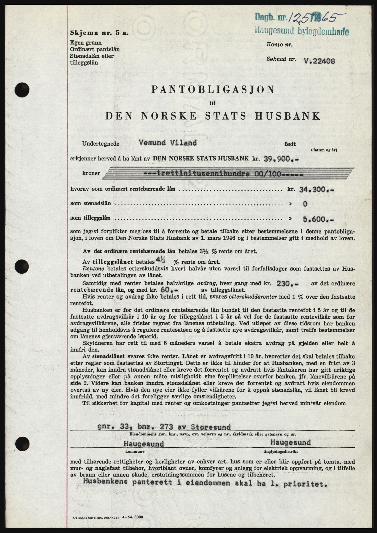 Haugesund tingrett, SAST/A-101415/01/II/IIC/L0053: Pantebok nr. B 53, 1965-1965, Dagboknr: 125/1965