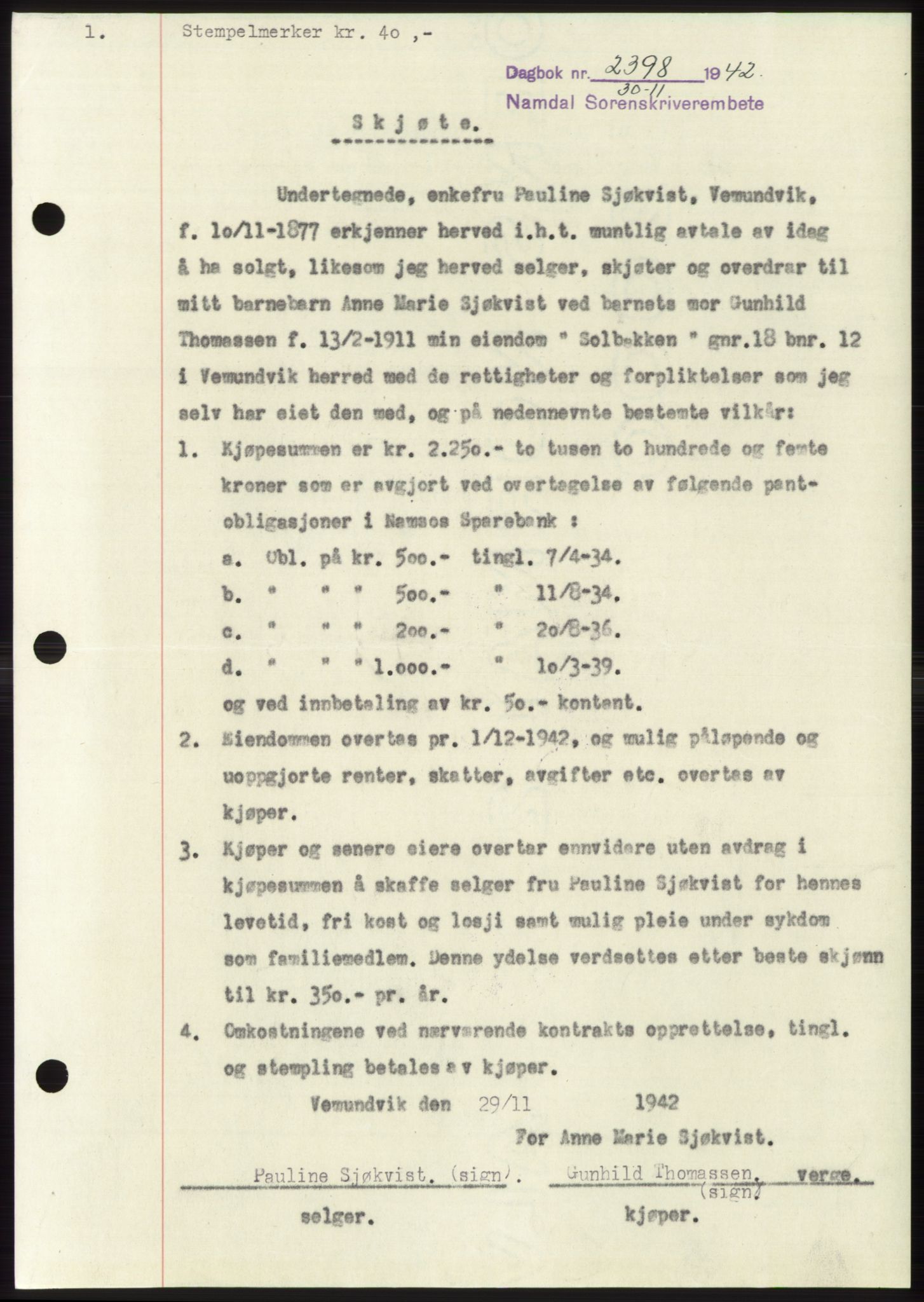 Namdal sorenskriveri, SAT/A-4133/1/2/2C: Pantebok nr. -, 1942-1943, Dagboknr: 2398/1942