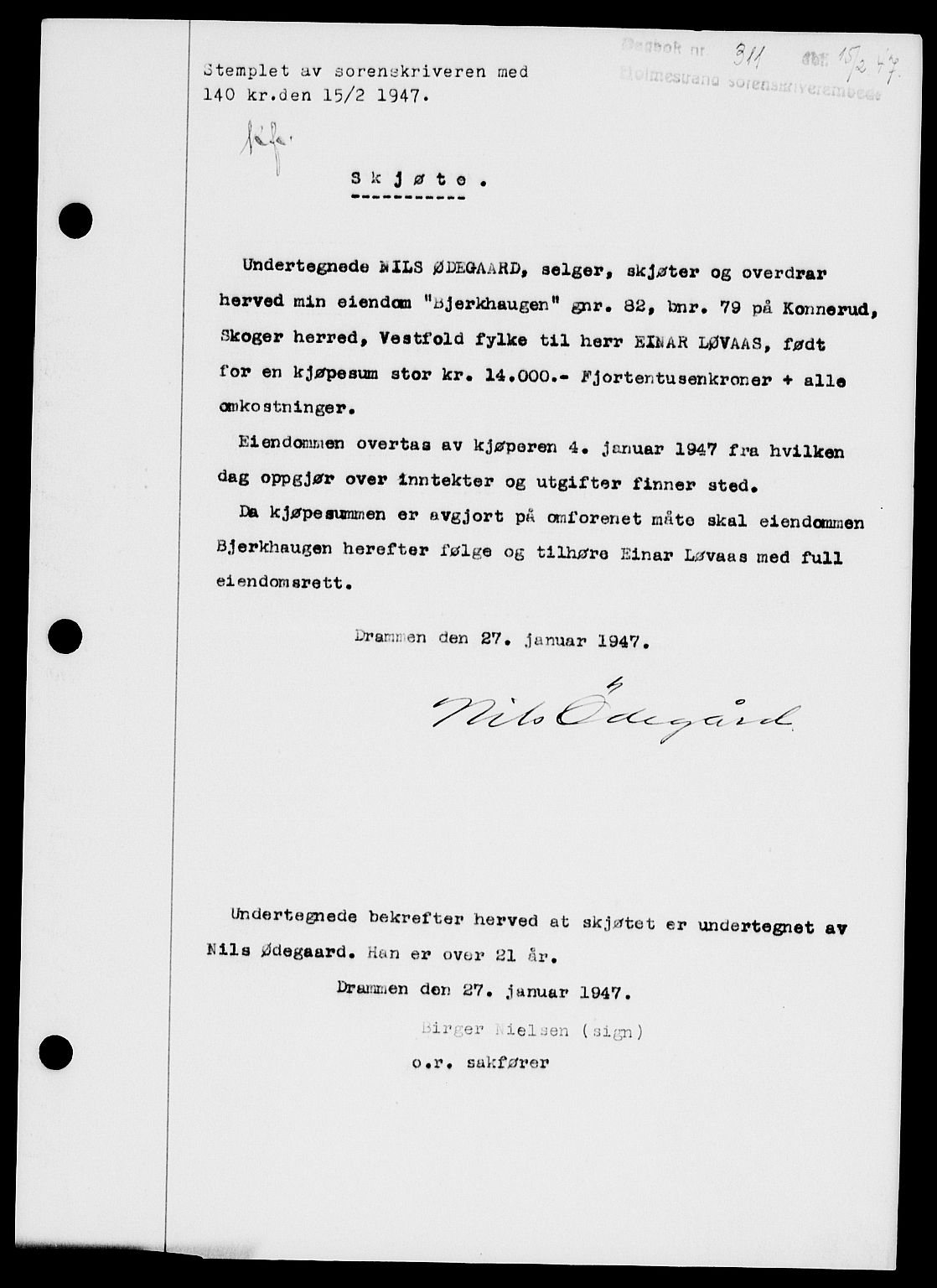 Holmestrand sorenskriveri, SAKO/A-67/G/Ga/Gaa/L0061: Pantebok nr. A-61, 1946-1947, Dagboknr: 311/1947