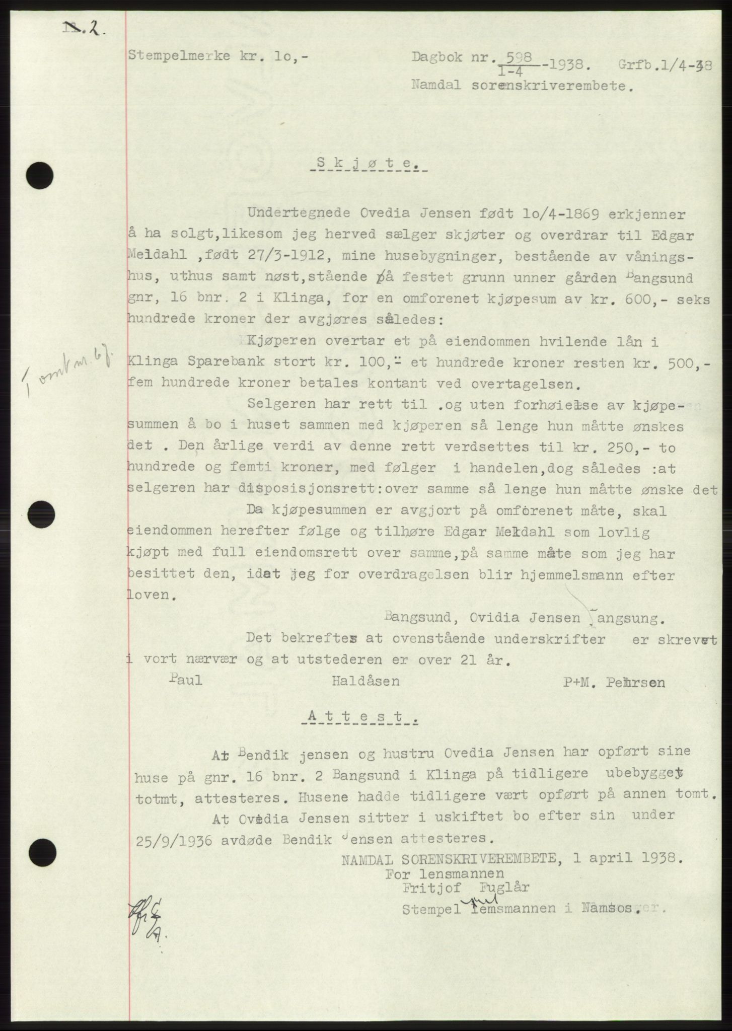 Namdal sorenskriveri, SAT/A-4133/1/2/2C: Pantebok nr. -, 1937-1939, Tingl.dato: 01.04.1938