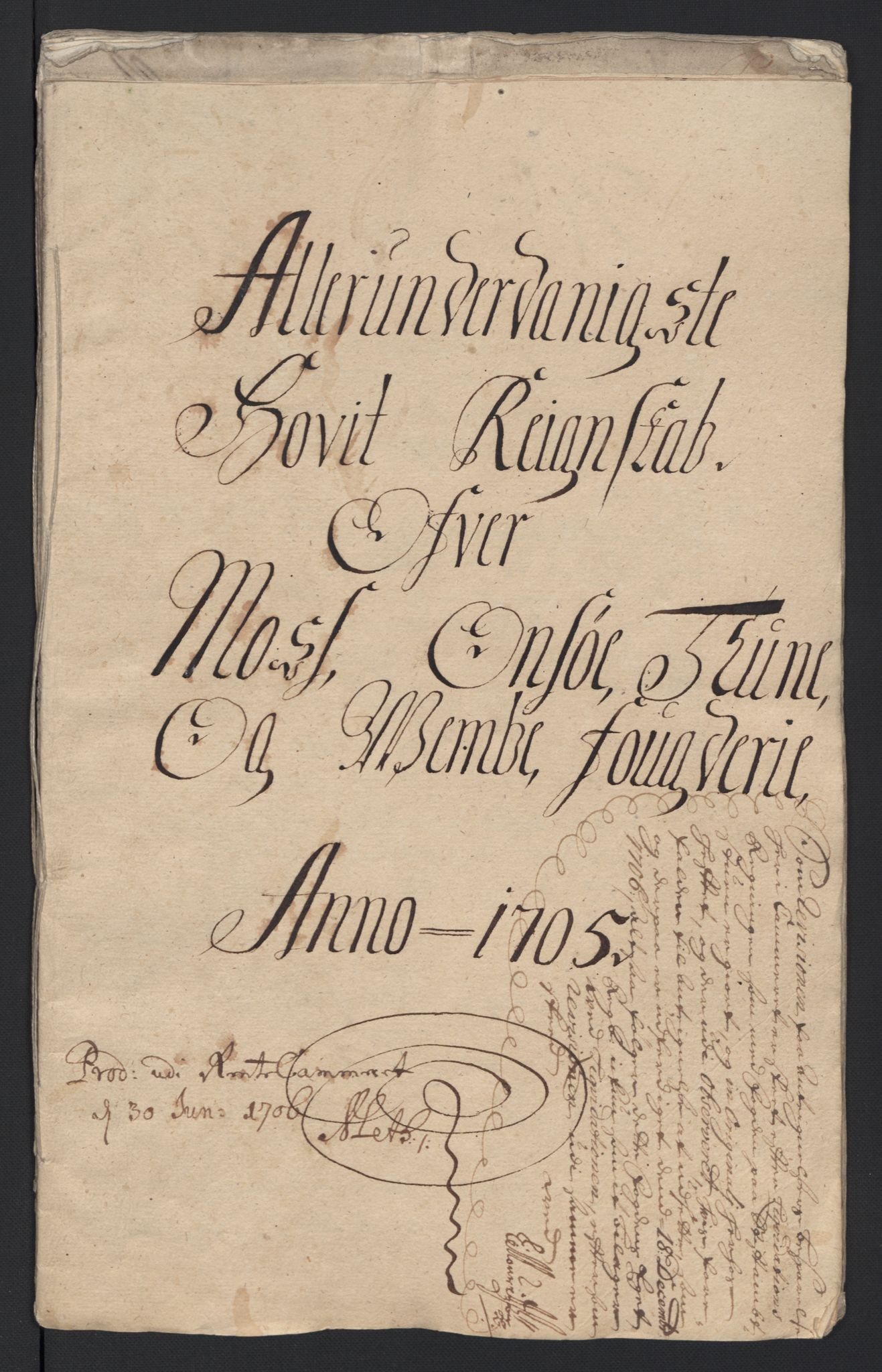 Rentekammeret inntil 1814, Reviderte regnskaper, Fogderegnskap, AV/RA-EA-4092/R04/L0133: Fogderegnskap Moss, Onsøy, Tune, Veme og Åbygge, 1705-1706, s. 3