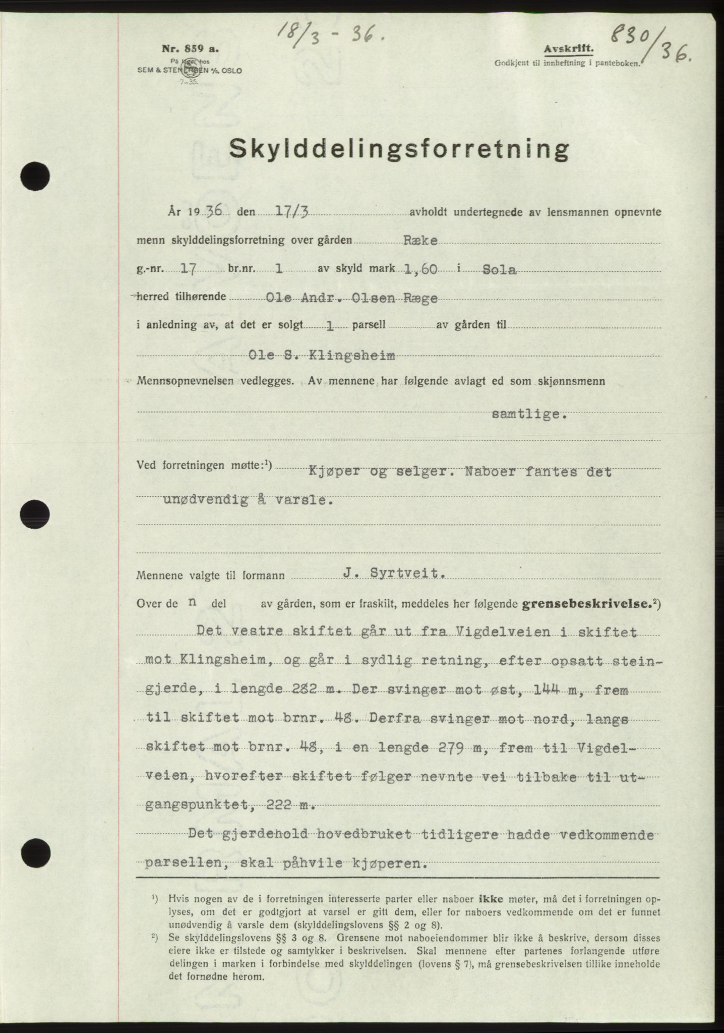 Jæren sorenskriveri, SAST/A-100310/03/G/Gba/L0065: Pantebok nr. 71, 1936-1936, Dagboknr: 830/1936