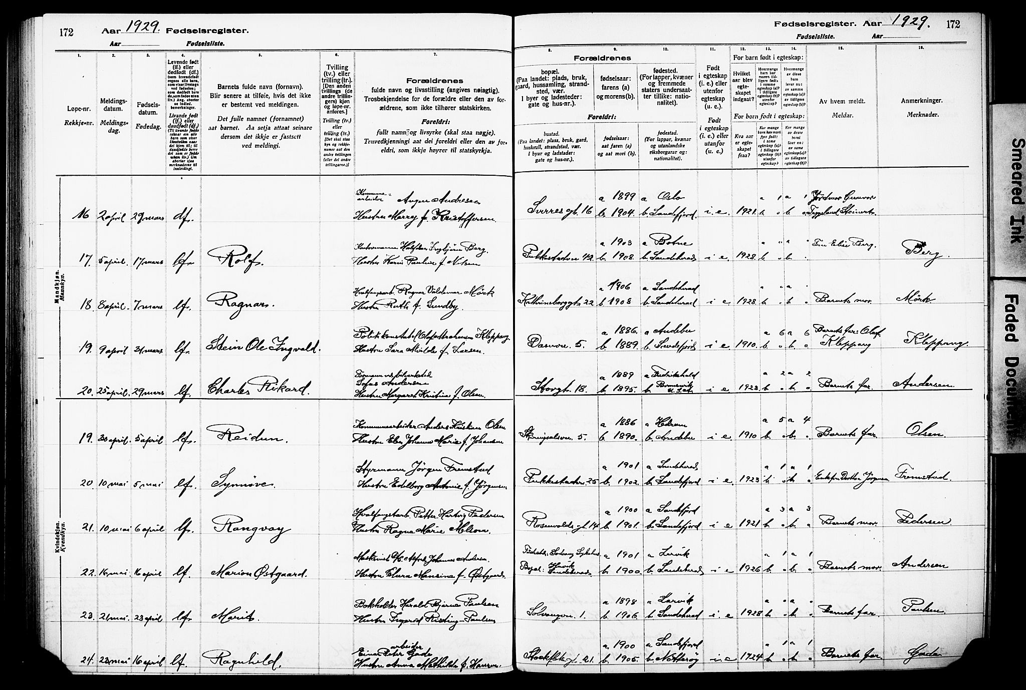 Sandefjord kirkebøker, SAKO/A-315/J/Ja/L0001: Fødselsregister nr. 1, 1916-1932, s. 172