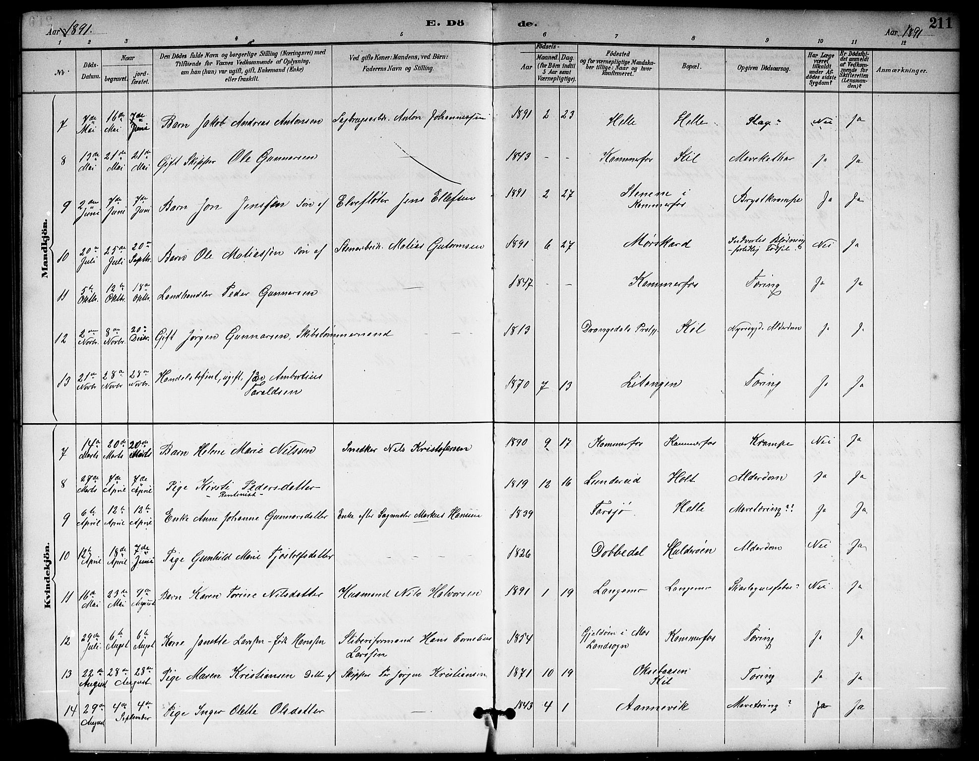 Sannidal kirkebøker, AV/SAKO-A-296/G/Ga/L0003: Klokkerbok nr. 3, 1887-1922, s. 211