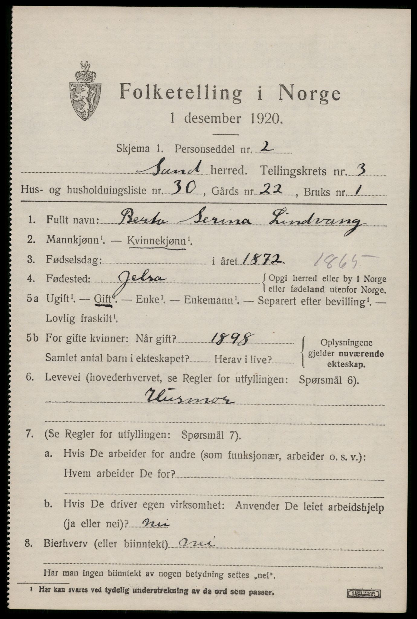 SAST, Folketelling 1920 for 1136 Sand herred, 1920, s. 1377
