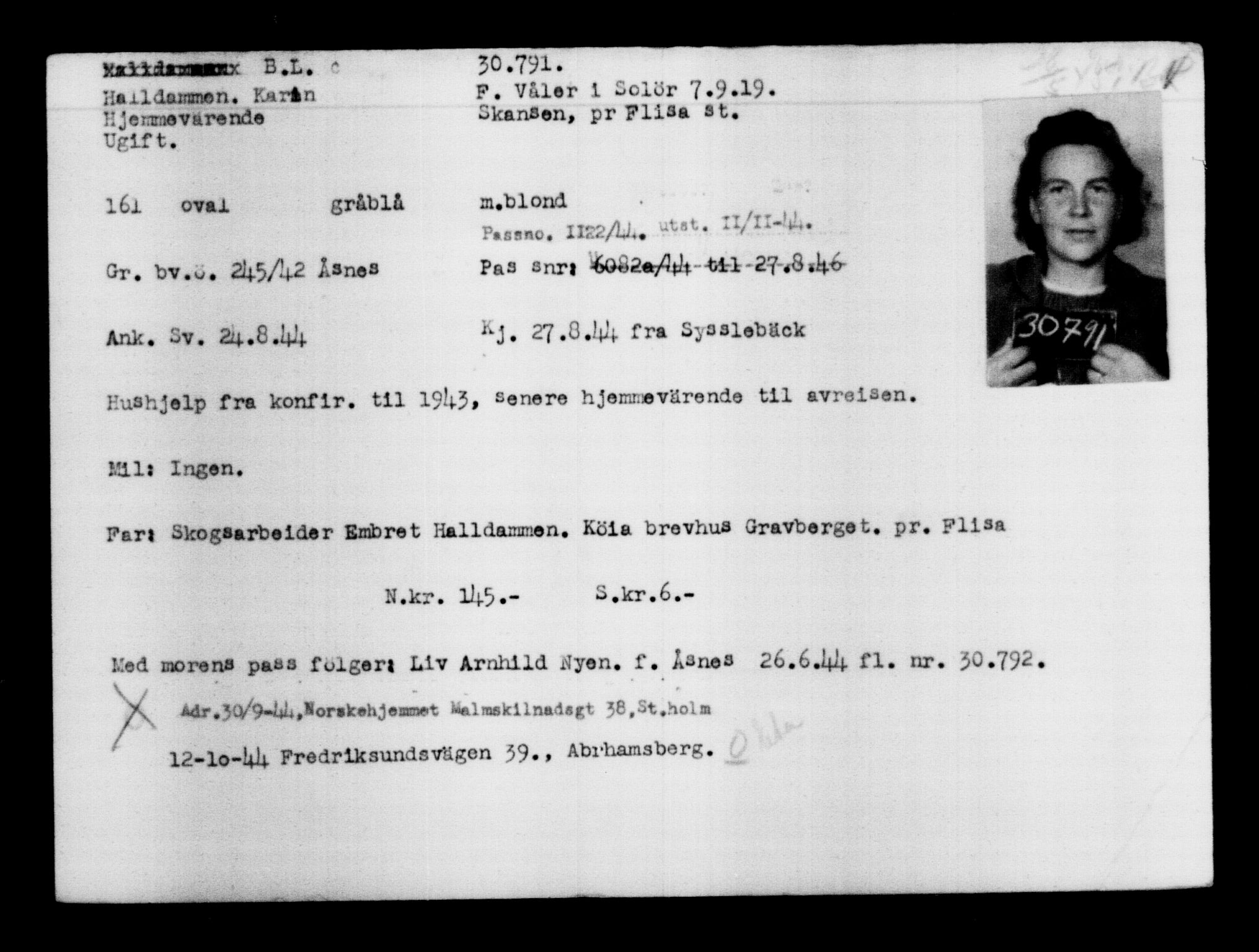 Utenriksstasjonene, Legasjonen i Stockholm, Flyktningkontoret, AV/RA-S-6753/V/Va/L0012: Kjesäterkartoteket, flyktninger med registreringsnr. 28300-31566, 1940-1945, s. 2711